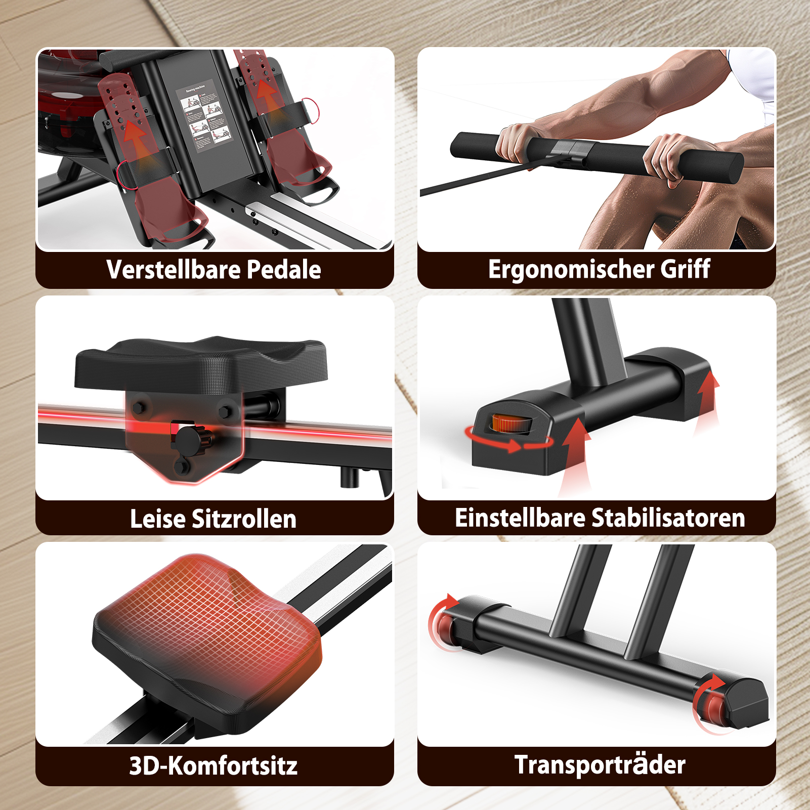Einstellbare Pedale, ergonomischer Griff, leise Sitzrollen, Stabilisatoren, 3D-Sitz, Transporträder.