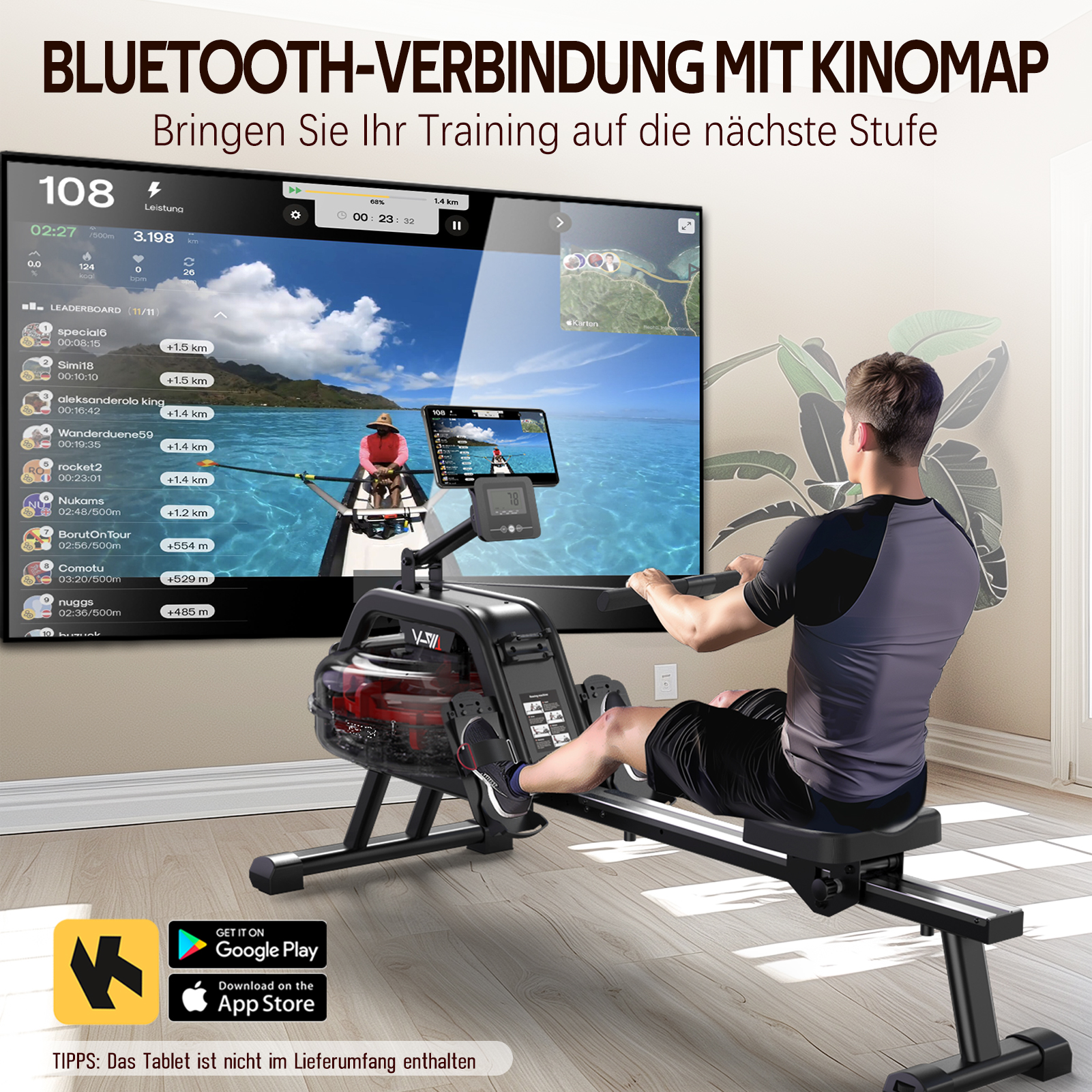 Mann rudert auf Ergometer vor Bildschirm mit Ruderbild und Rangliste.