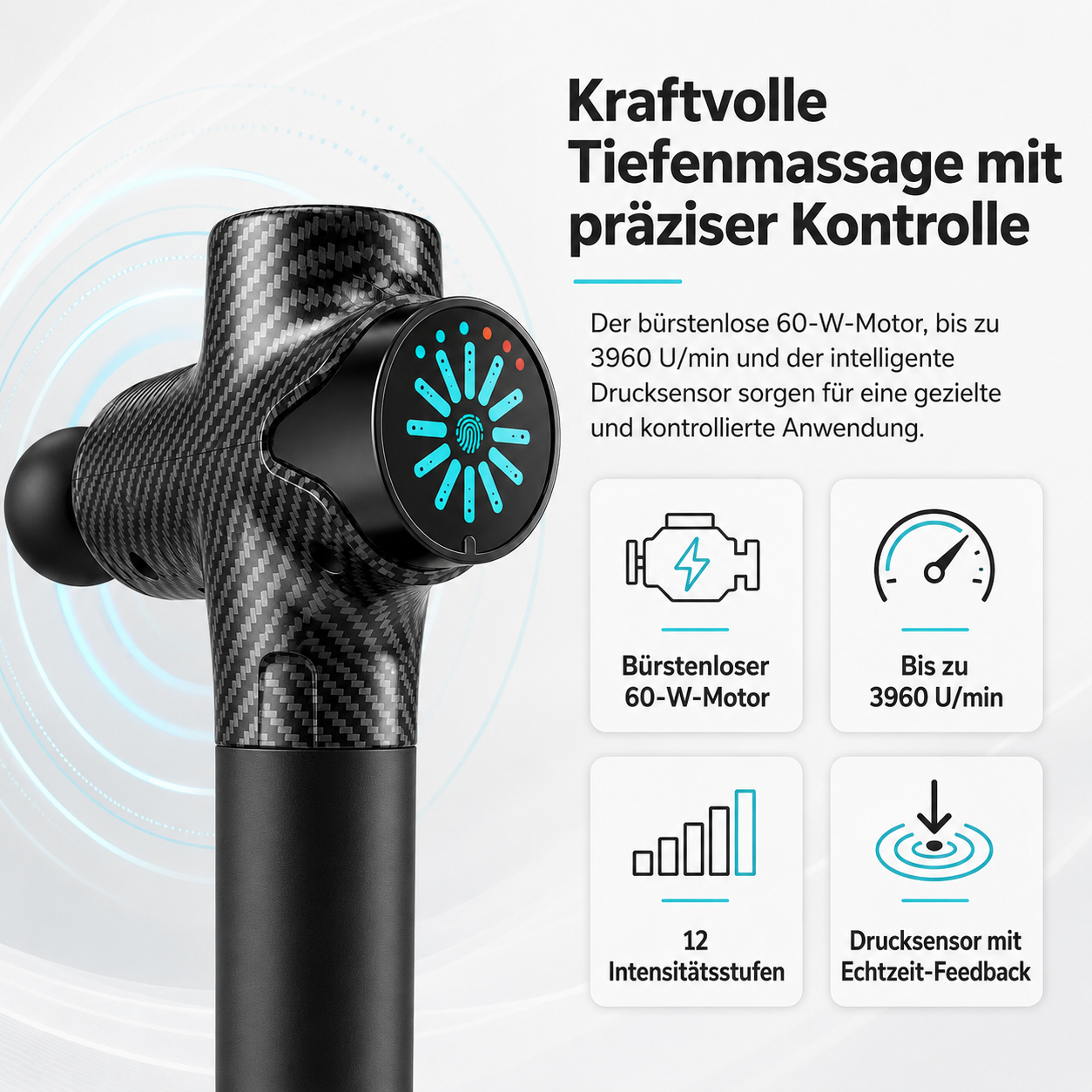 Massagepistole mit Carbonmuster, Display mit Fingerabdruck und 4 Icons: Motor, Drehzahl, Stufen, Sensor.
