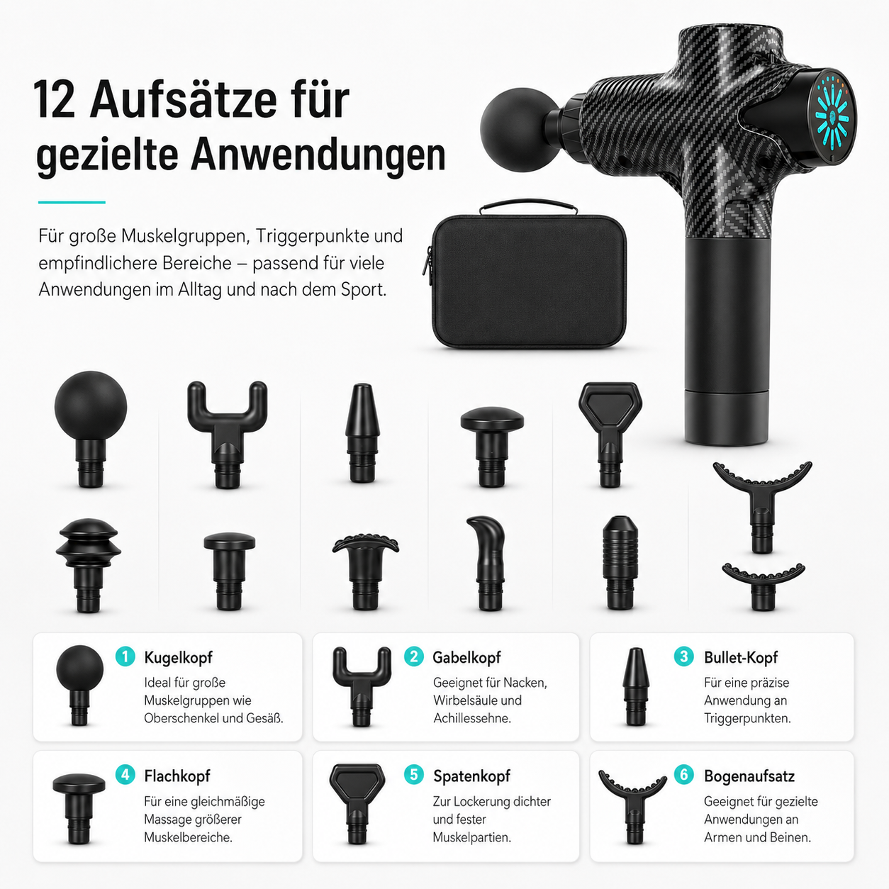 Massagepistole mit 12 Aufsätzen, darunter Kugel-, Gabel- und Bullet-Kopf.