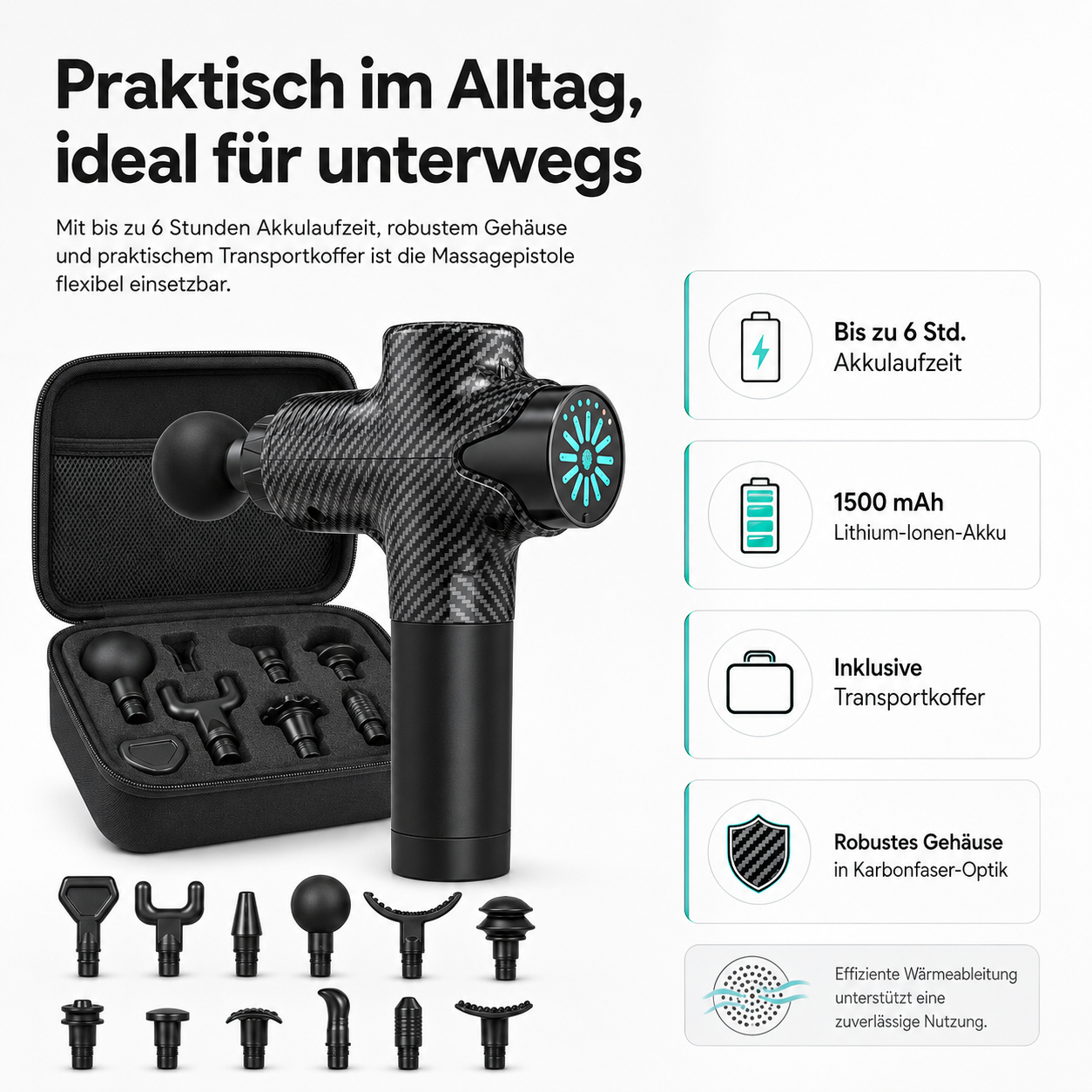 Massagepistole mit Koffer und Aufsätzen. Bietet 6h Akku, 1500mAh, Carbonfaser-Optik.