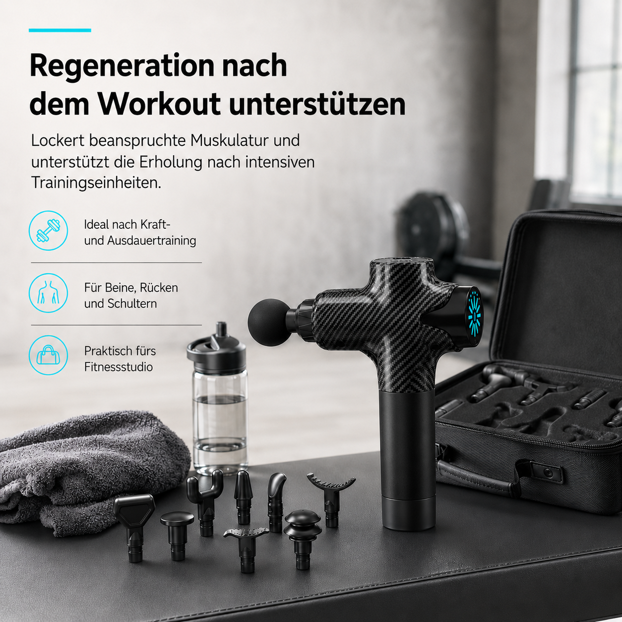 Massagepistole mit Zubehör auf einer Bank, ideal zur Regeneration nach dem Training.