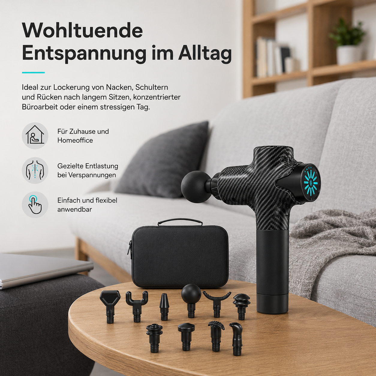 Ein Massagegerät mit Aufsätzen und Tasche liegt auf einem Tisch.