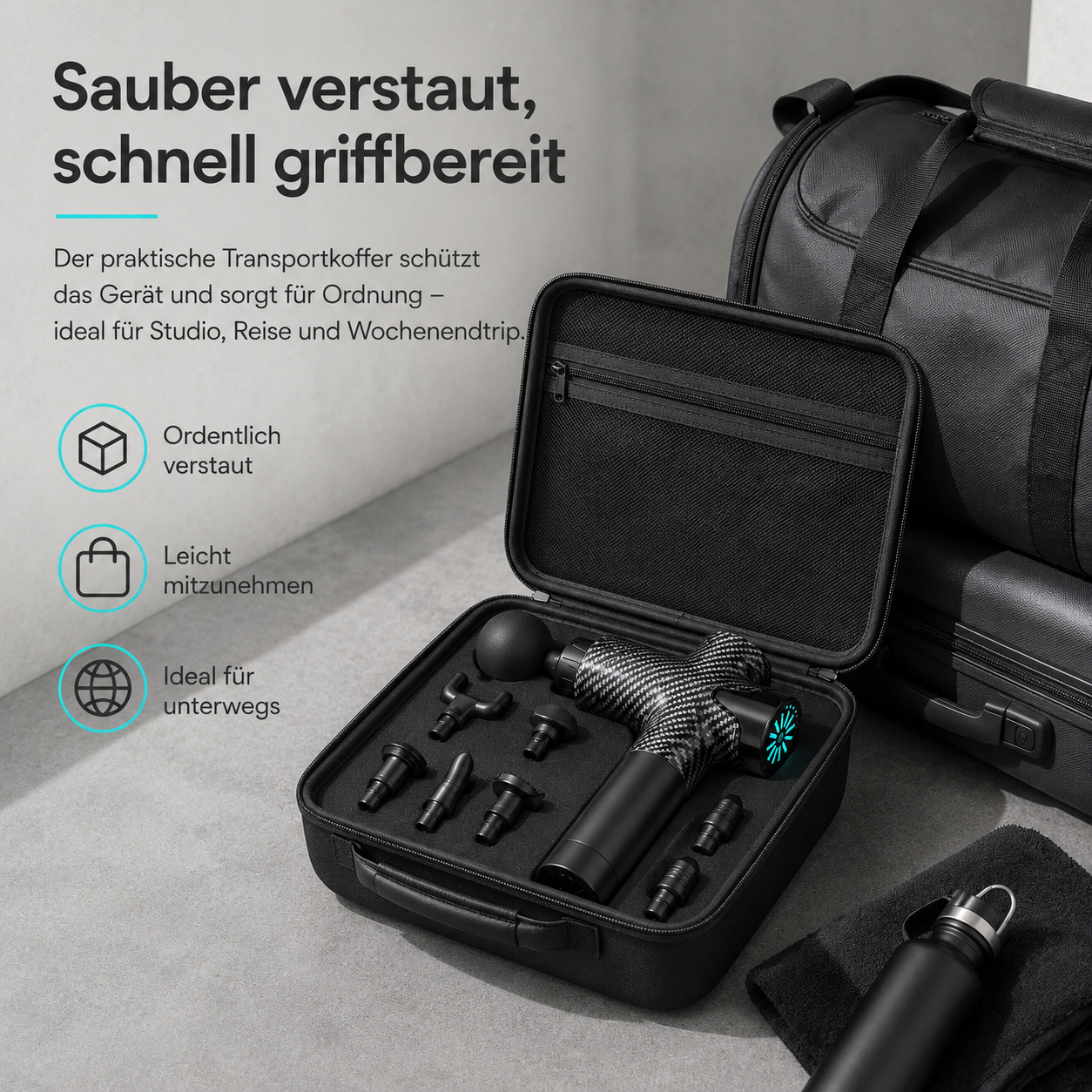 Ein Massagegerät mit Aufsätzen in einer offenen schwarzen Tasche, neben einer Sporttasche.