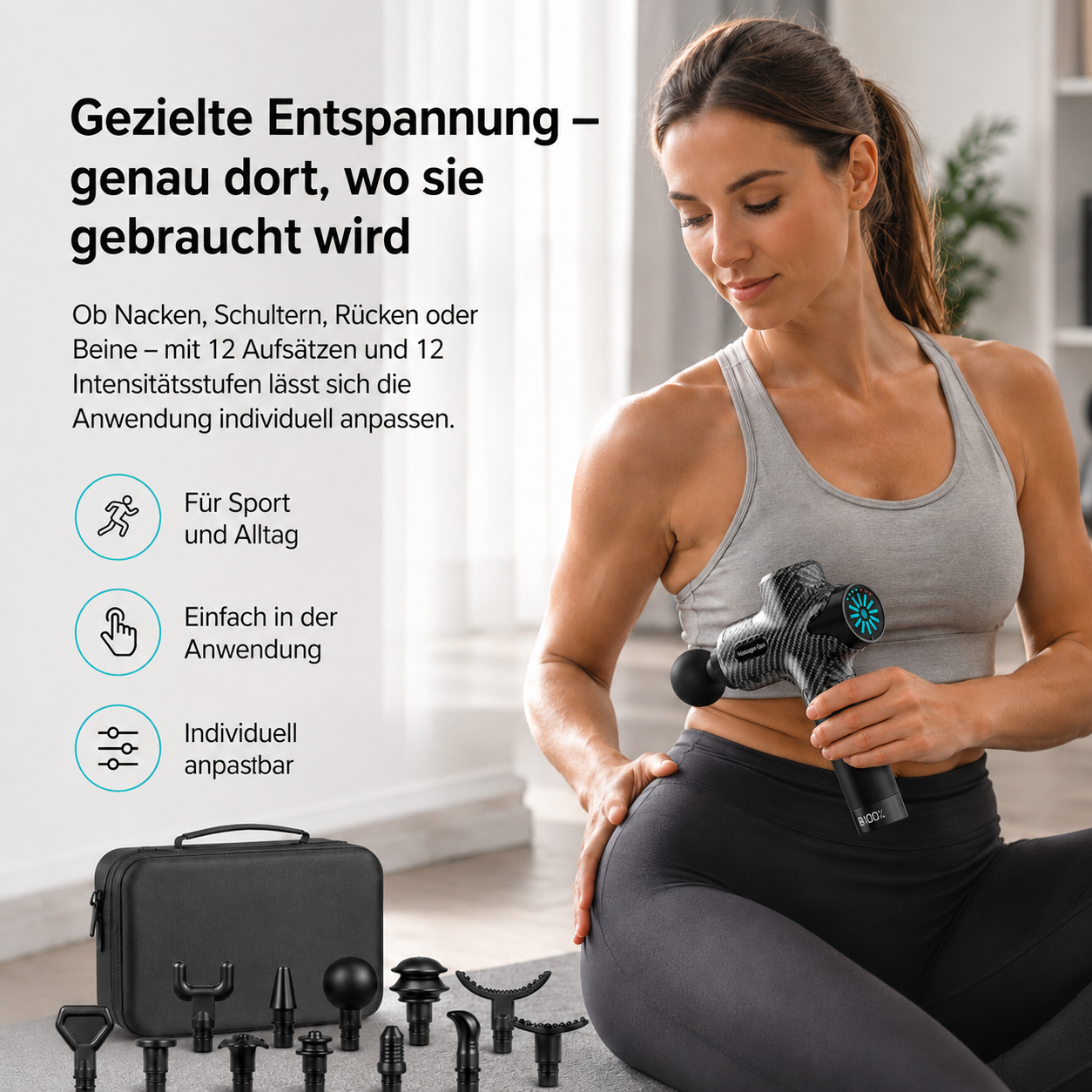 Frau hält Massagepistole mit Aufsätzen und Koffer. Text über gezielte Entspannung.