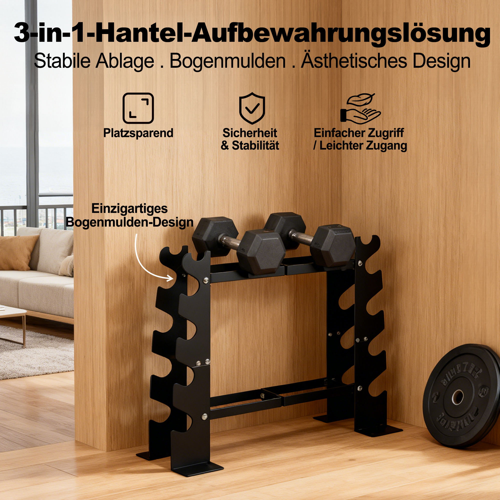 Schwarzer Hantelständer mit Hanteln und Gewichtsscheibe vor Holzvertäfelung.