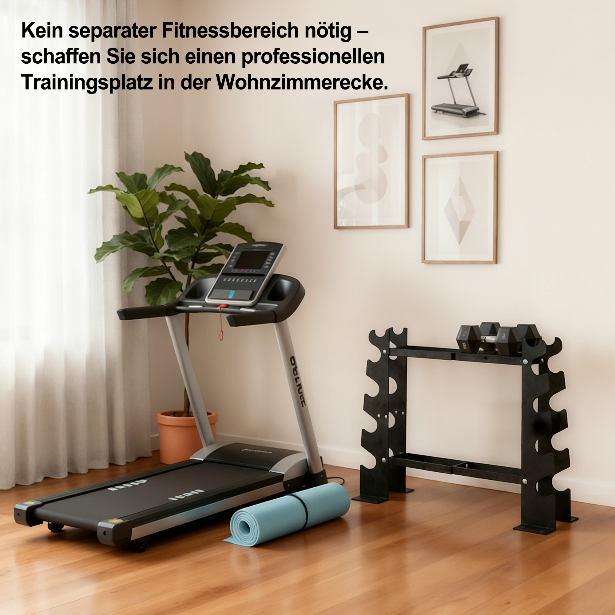 Ein Laufband, Hantelständer mit Hanteln, eine Matte und eine Pflanze.