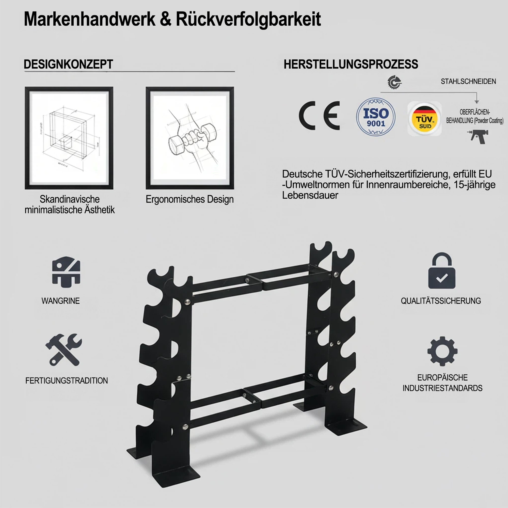 Ein schwarzes Hantelregal steht im Vordergrund, daneben diverse Zertifizierungen.