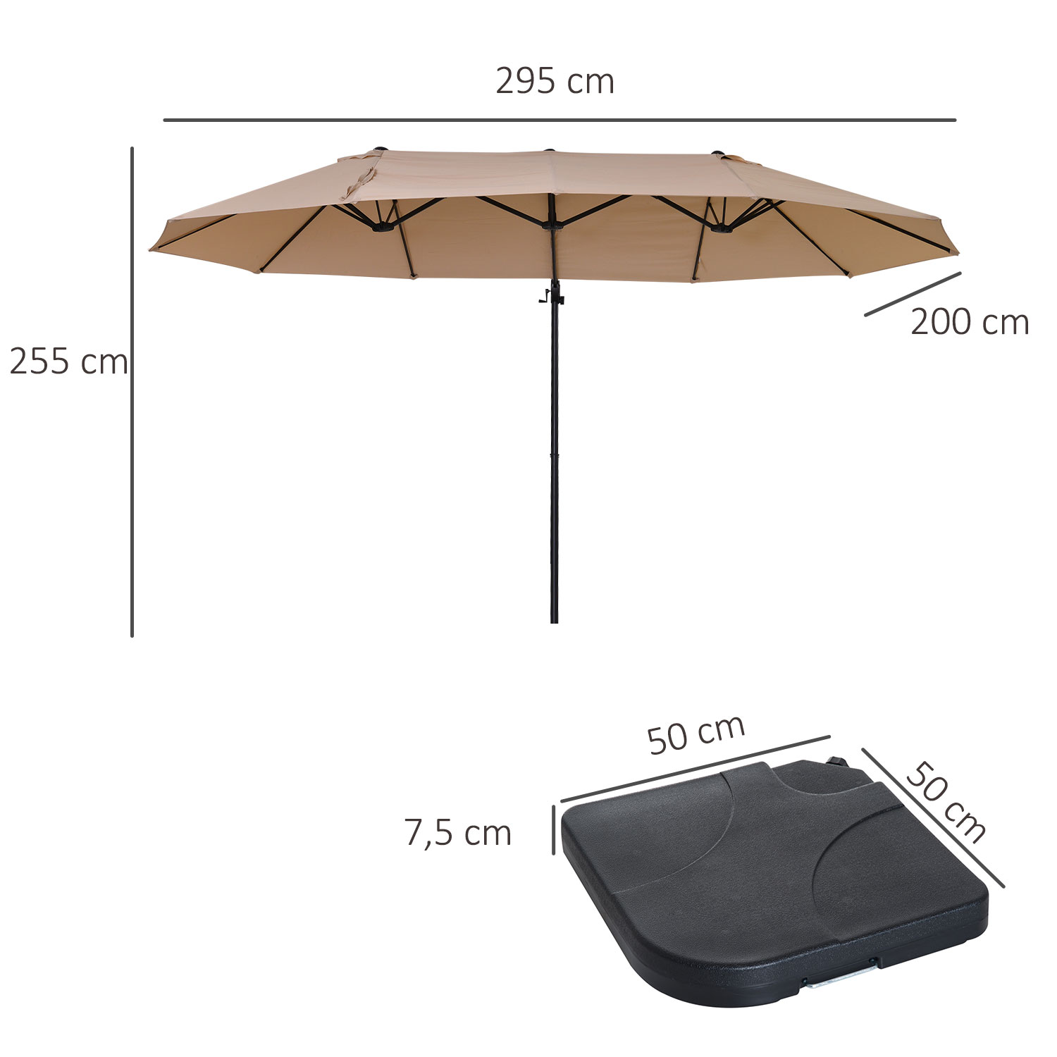 Un gran parasol beige con soporte metálico y base negra.