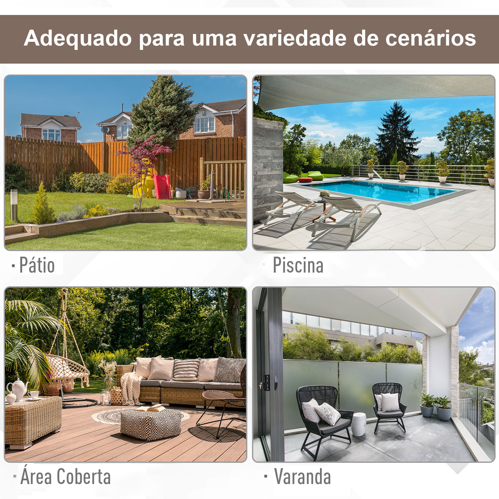 Cuatro escenas: Patio trasero con tobogán, piscina con tumbonas, patio cubierto con sofá, balcón con sillas.