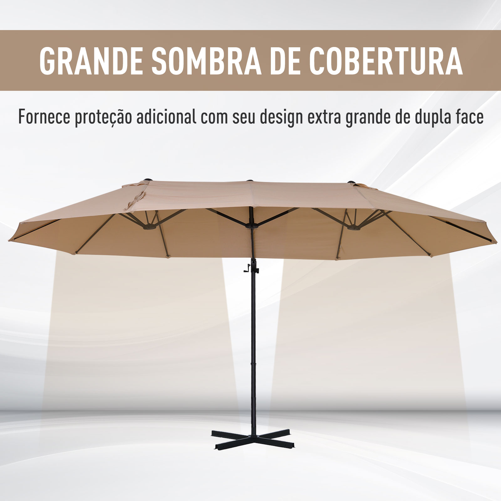 Parasol grande y doble cara en beige con poste y base de cruz negros.