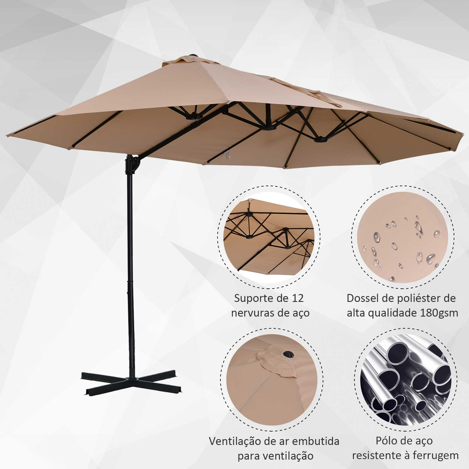 Un gran parasol beige con base cruzada y detalles destacados.