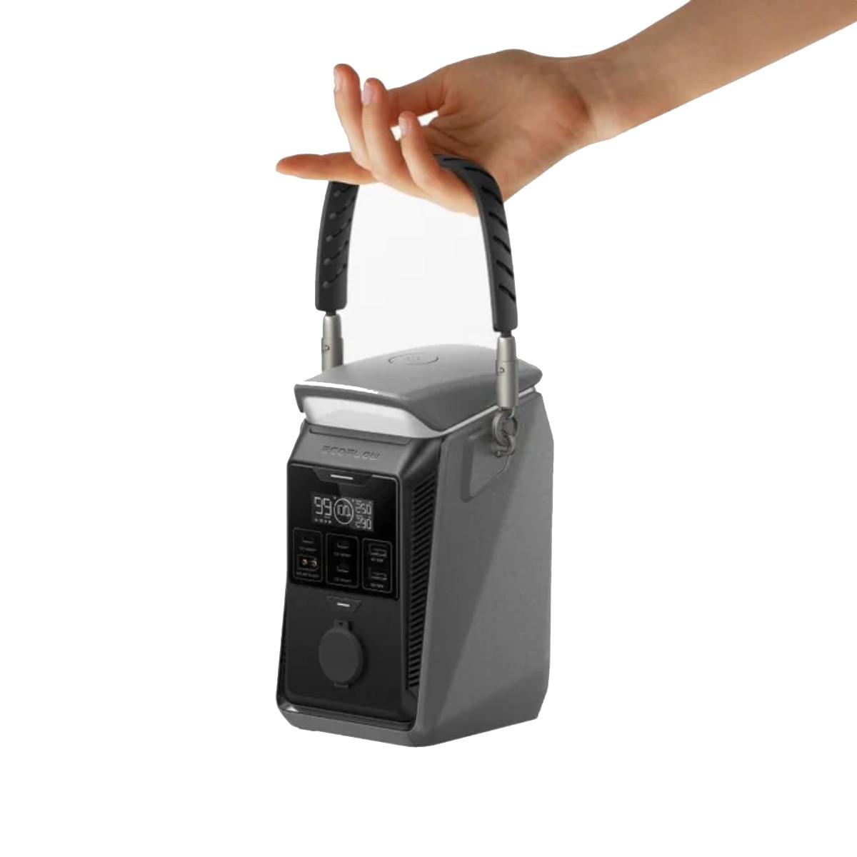 Una mano tiene una centrale elettrica portatile grigia con manico nero.