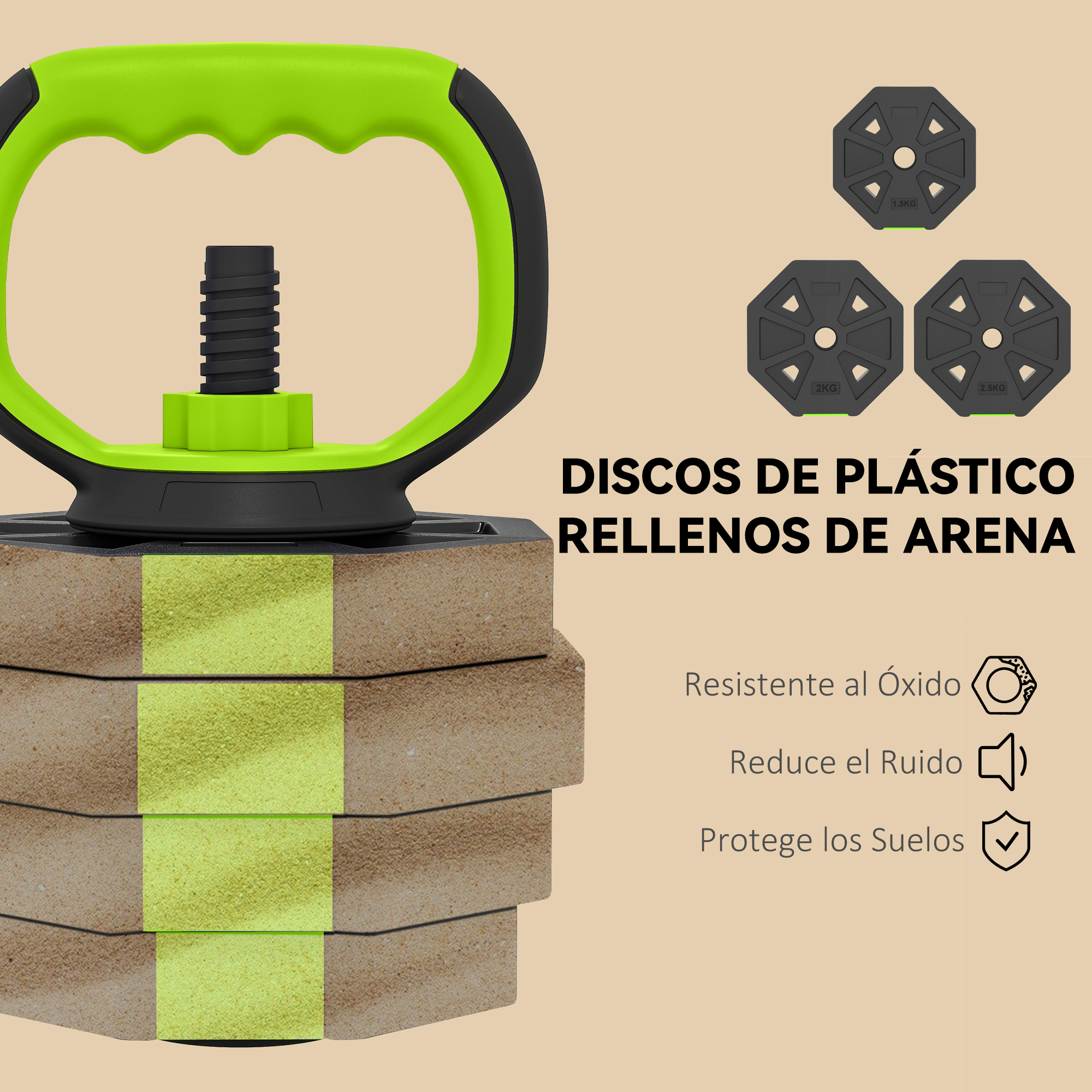 Pesa de gimnasia verde con discos apilados de arena y pesas más pequeñas.