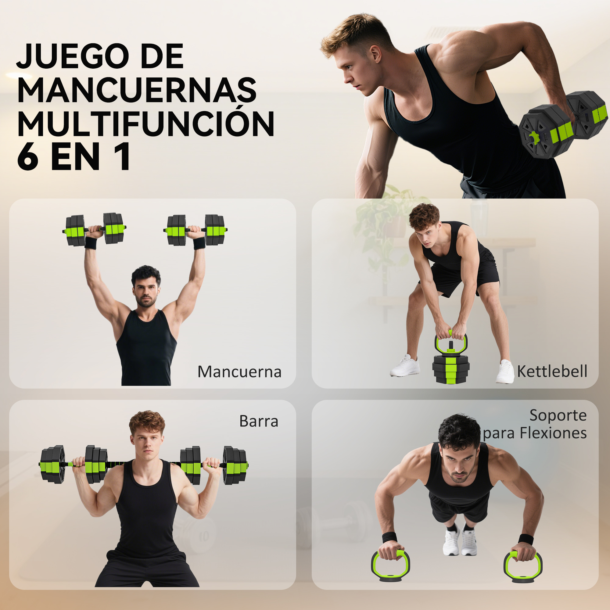 Un hombre levanta pesas; otro hace flexiones con asas.