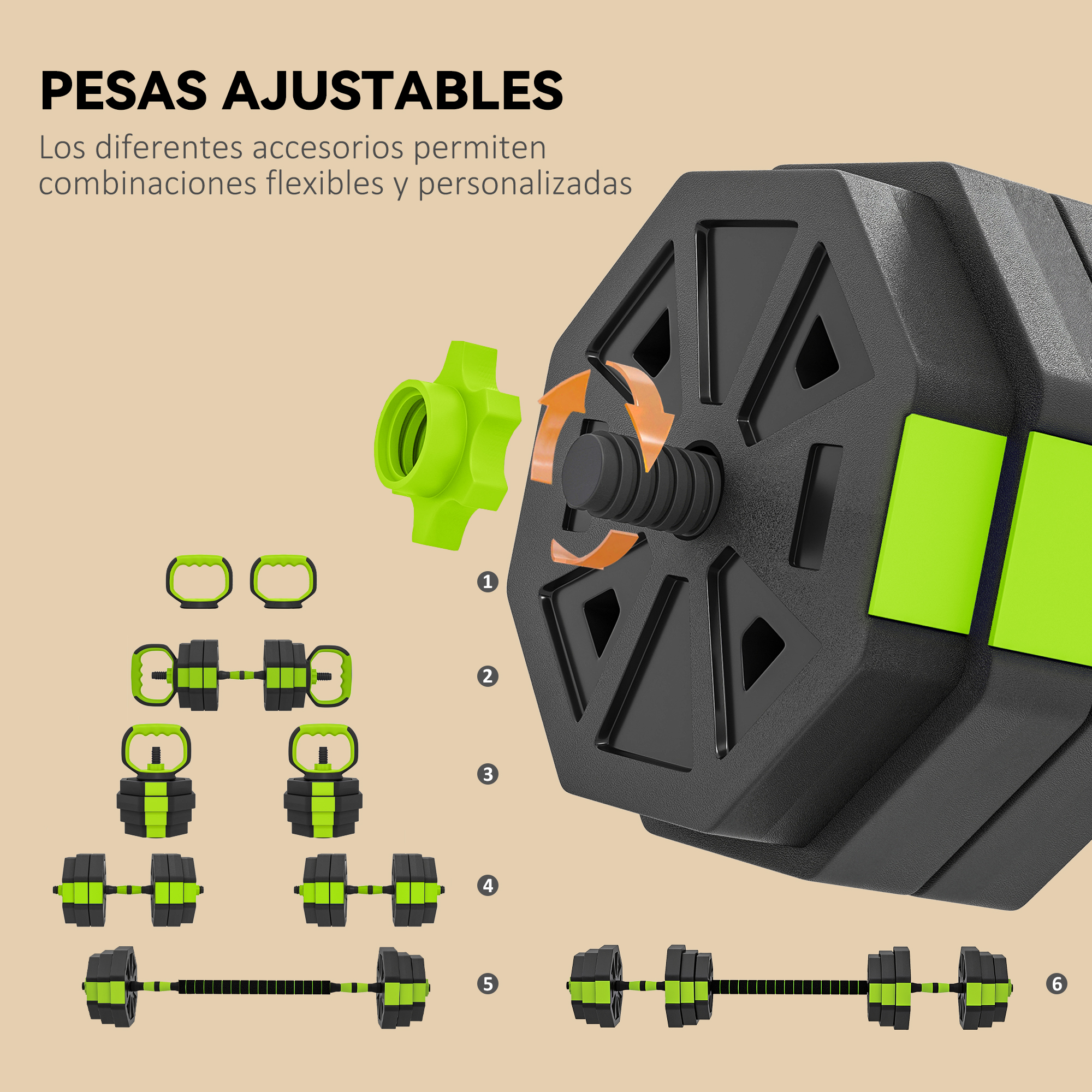 Mancuernas ajustables con pesas y mangos negros y verdes.