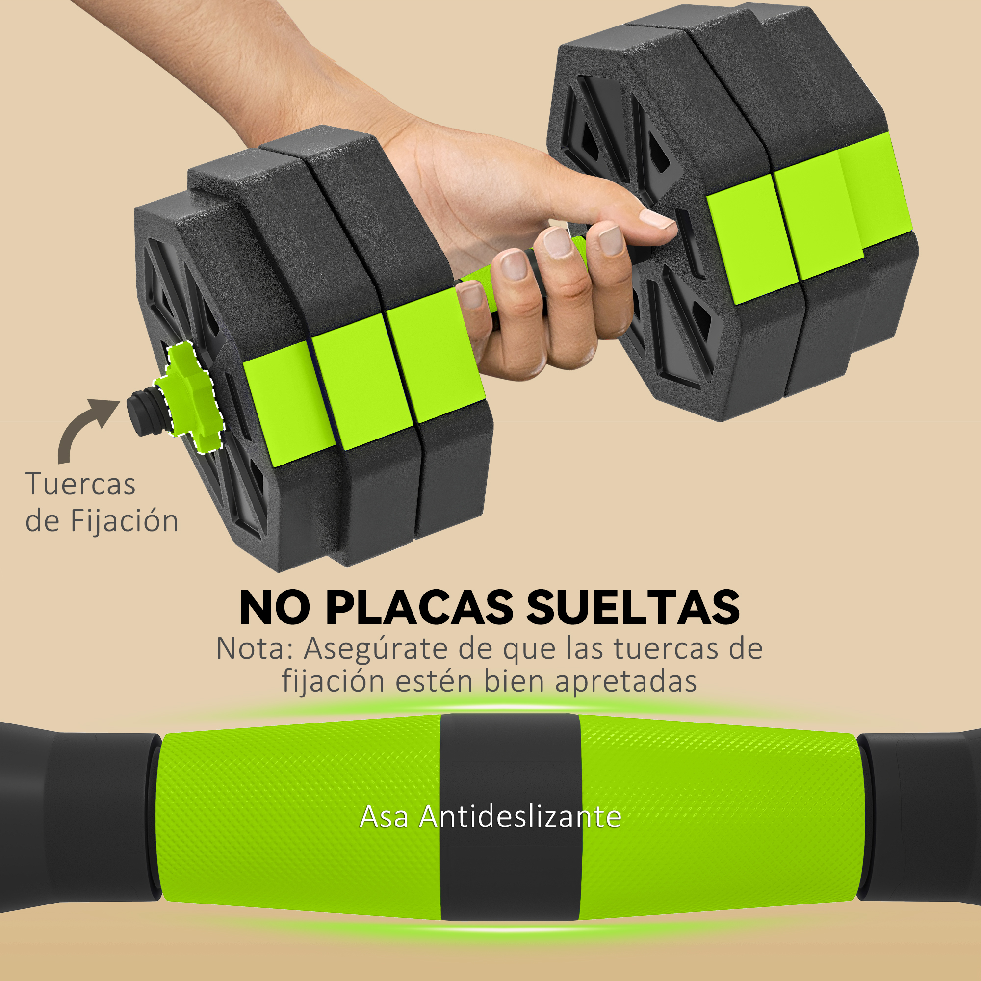 Mano sujetando mancuerna ajustable con pesas negras y detalles verdes.