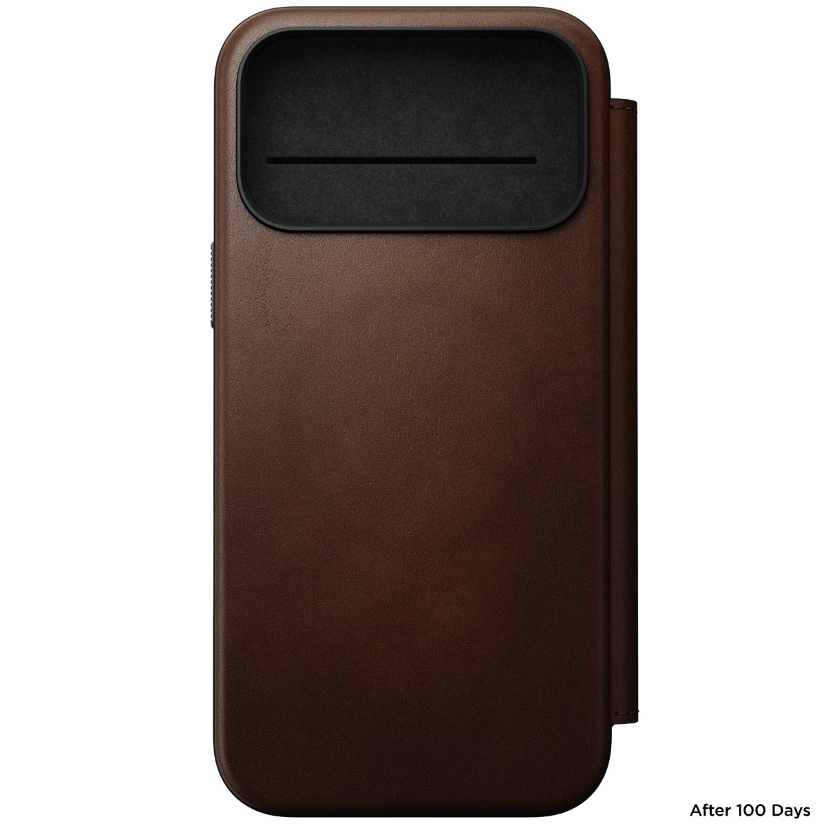 Custodia in pelle marrone per smartphone con ritaglio nero.