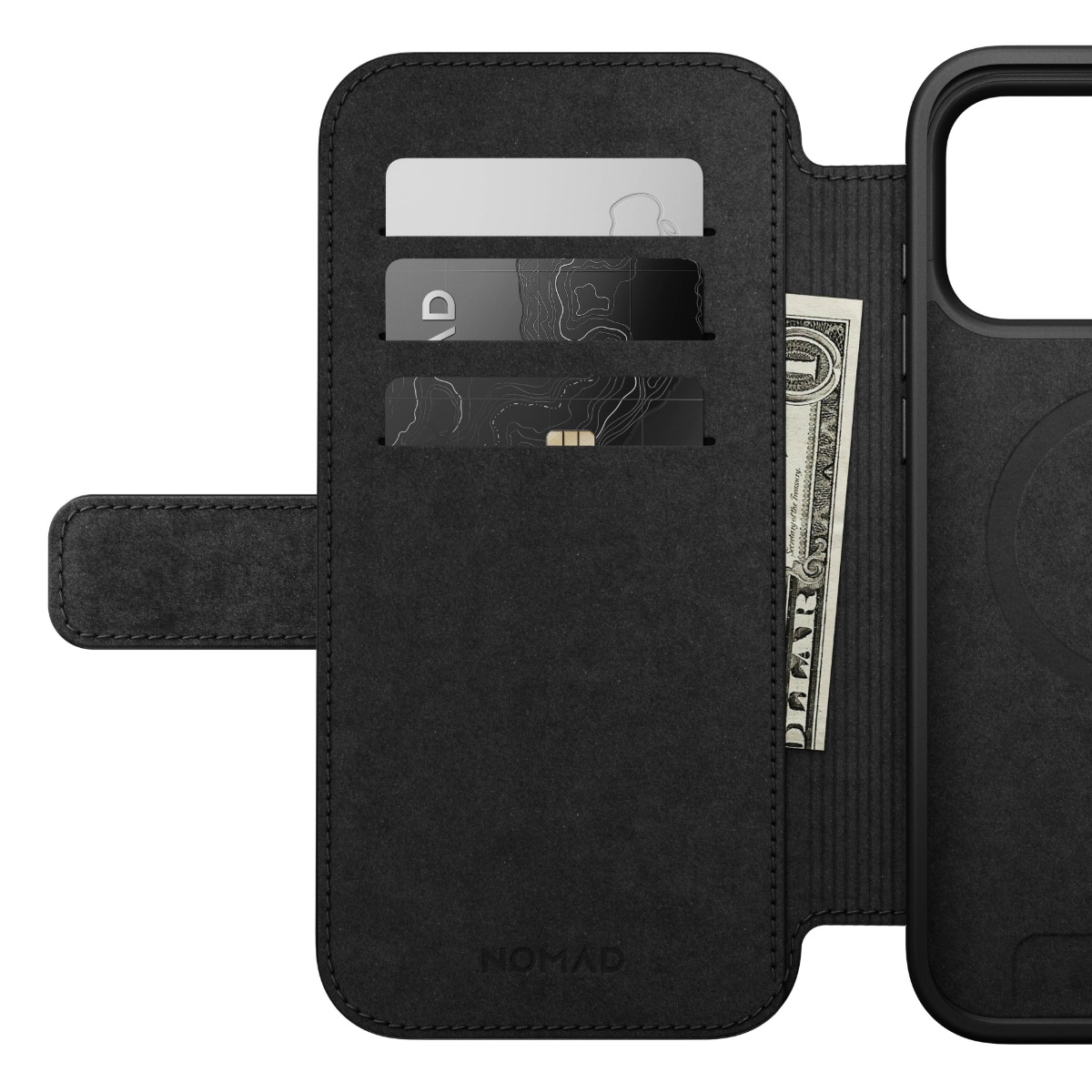 Portafoglio in pelle nera con tre fessure per carte e una banconota.