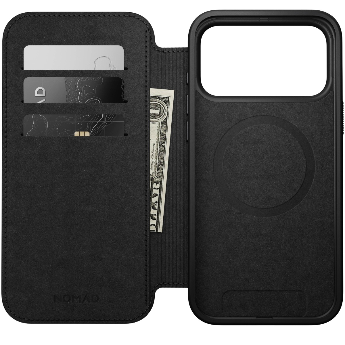 Custodia nera per iPhone con slot per carte e banconota.