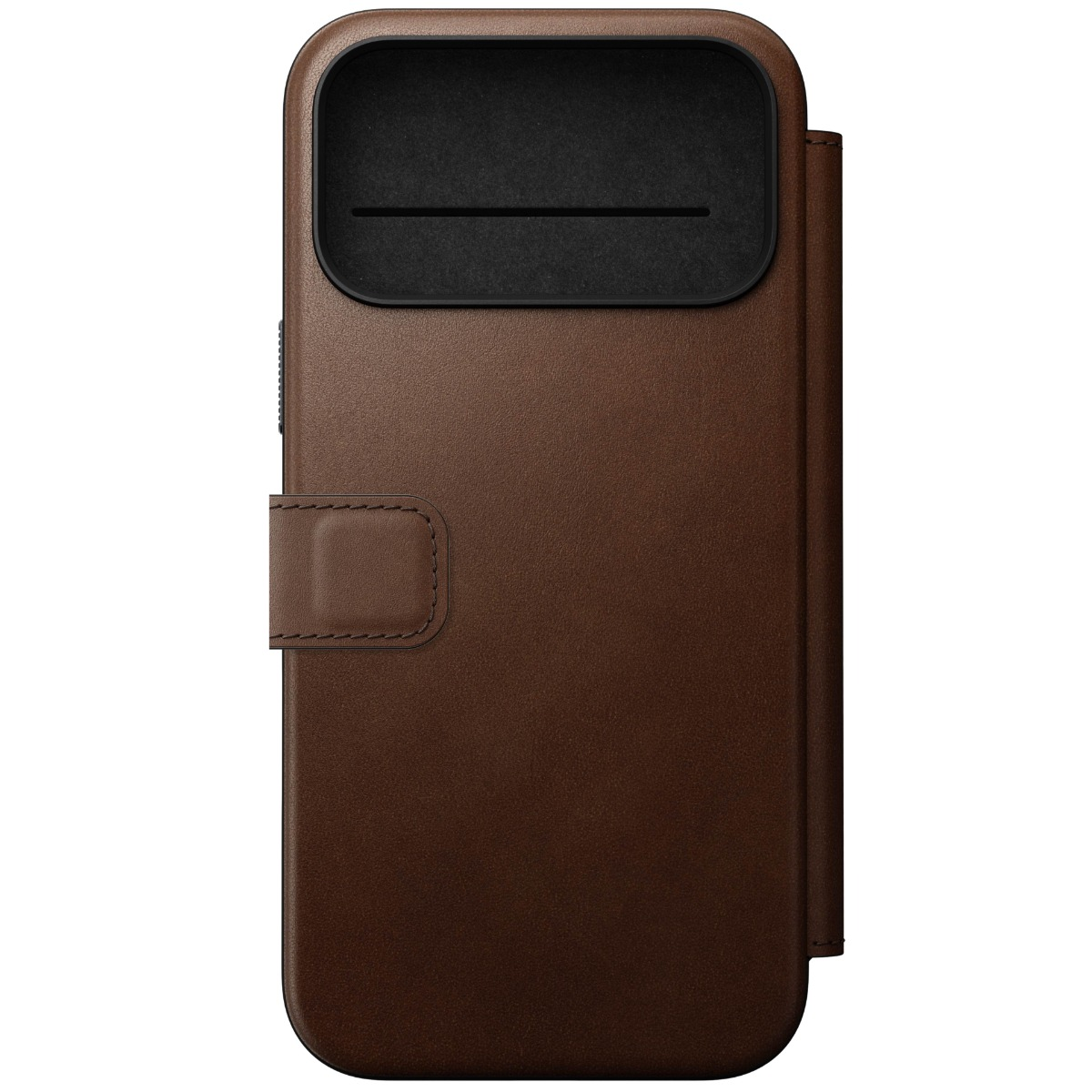 Custodia in pelle marrone per telefono con ritaglio fotocamera nero e chiusura a linguetta.