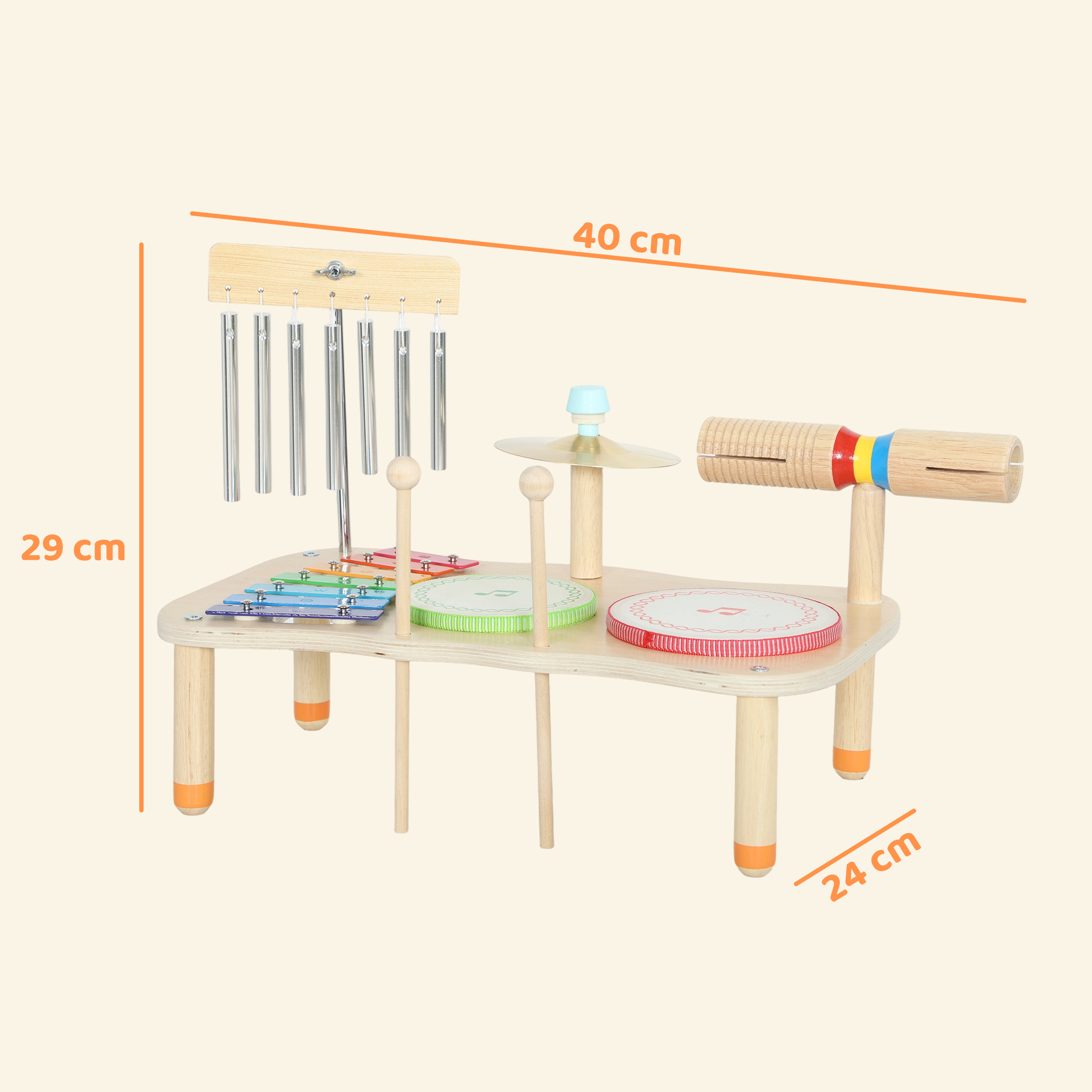 Conjunto musical de juguete de madera con tambores, xilófono y baquetas.