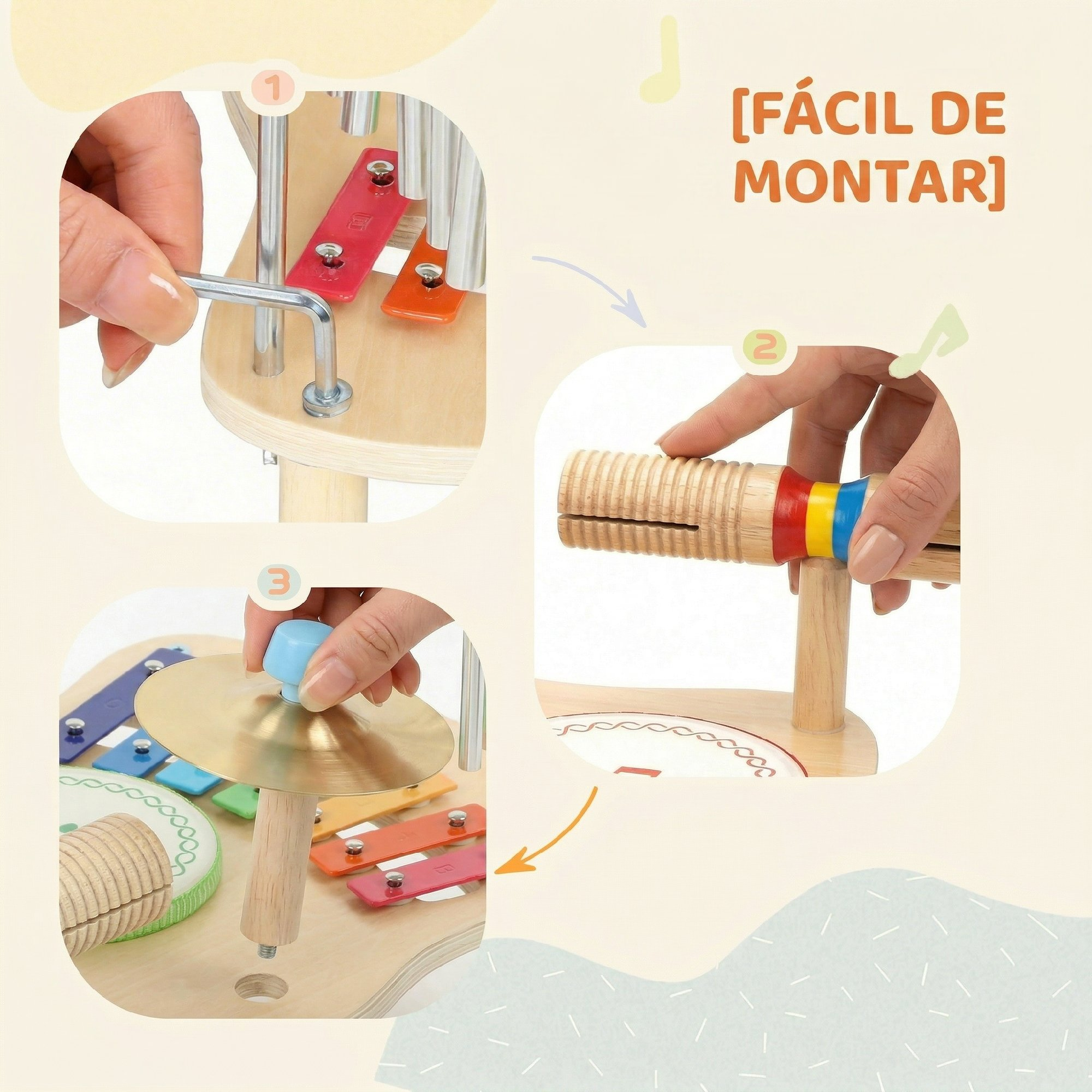 Un xilófono de juguete para niños con platillos, guiro y baqueta.