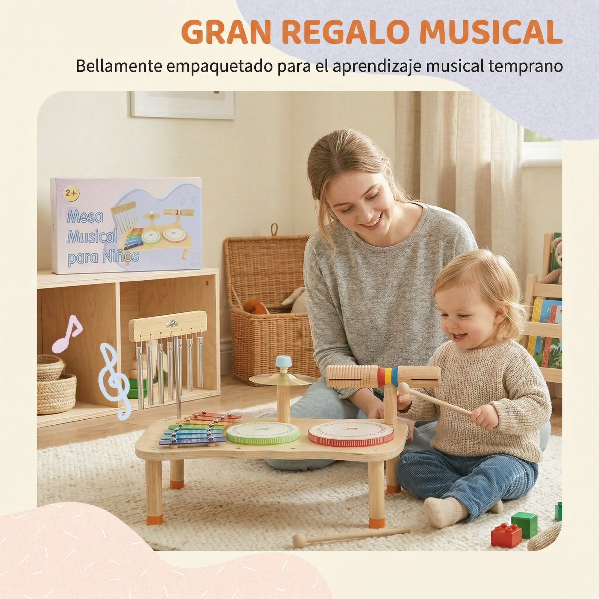 Madre e hijo jugando con un set de instrumentos musicales de madera.