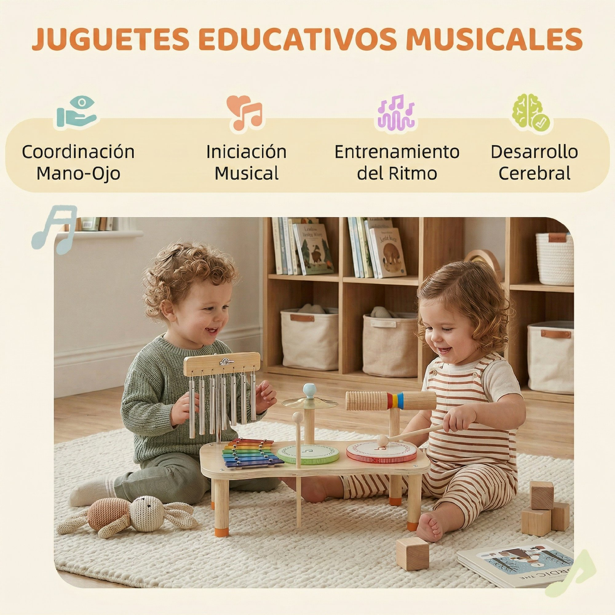 Dos niños pequeños juegan con instrumentos musicales de madera.