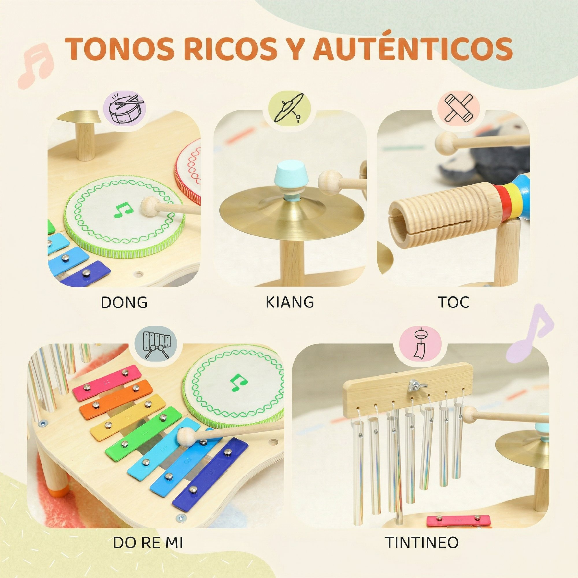 Instrumentos musicales de madera: tambor, platillo, guiro, xilófono, campanas.