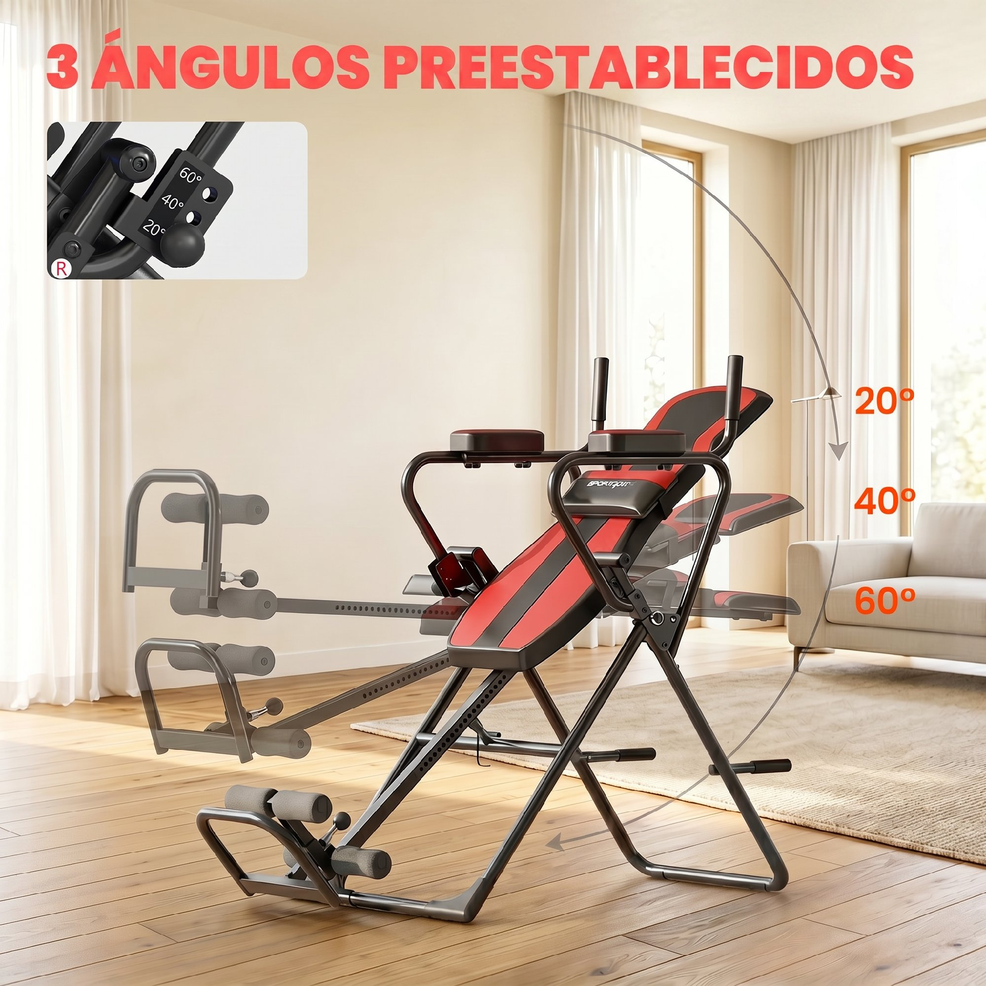 Una mesa de inversión roja y negra con ángulos ajustables de 20°, 40° y 60°.