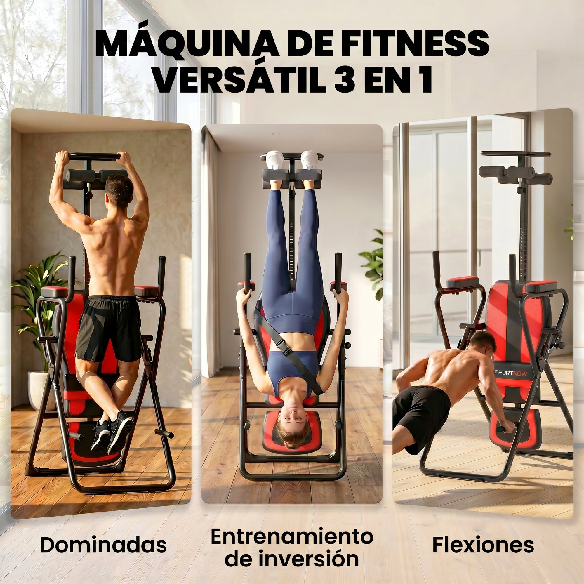 Un hombre hace dominadas, una mujer colgada boca abajo, un hombre hace flexiones.