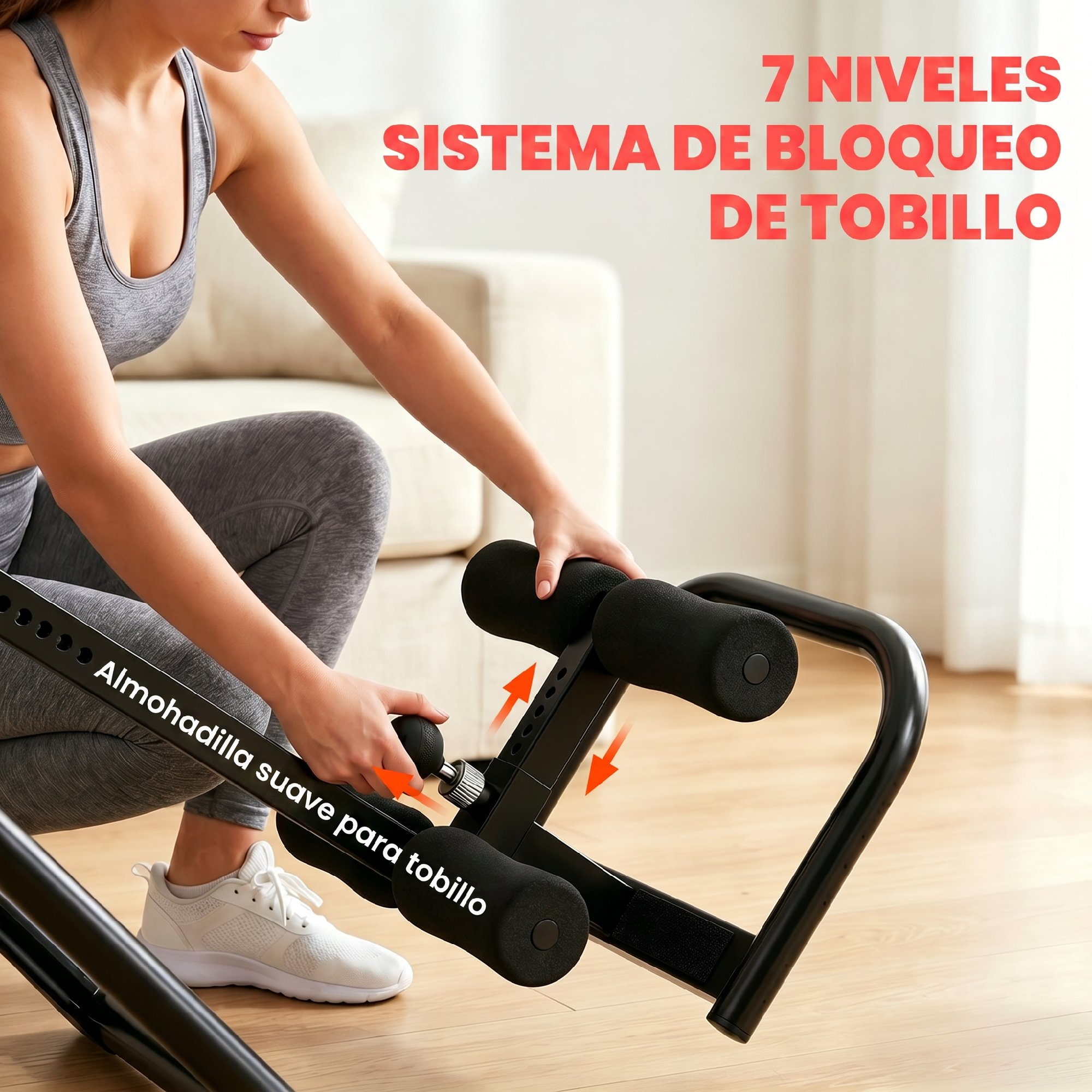 Mujer ajustando equipo de ejercicio negro con rodillos suaves para tobillos.