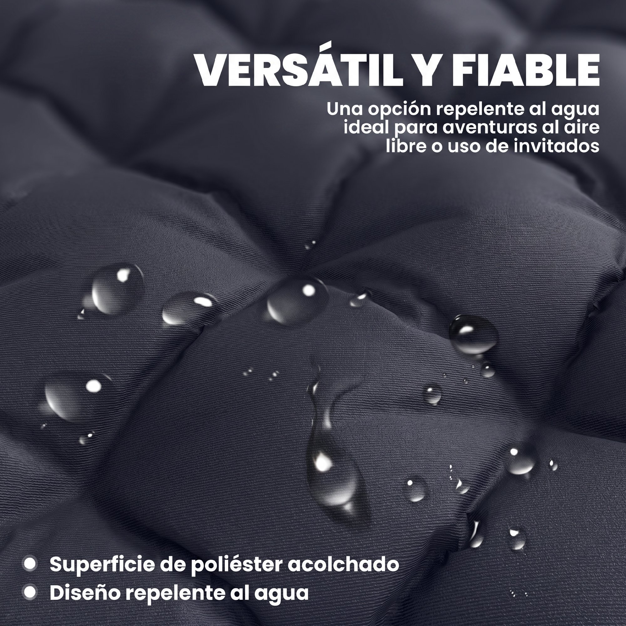 Poliéster acolchado gris oscuro con gotas de agua. Versátil y fiable.