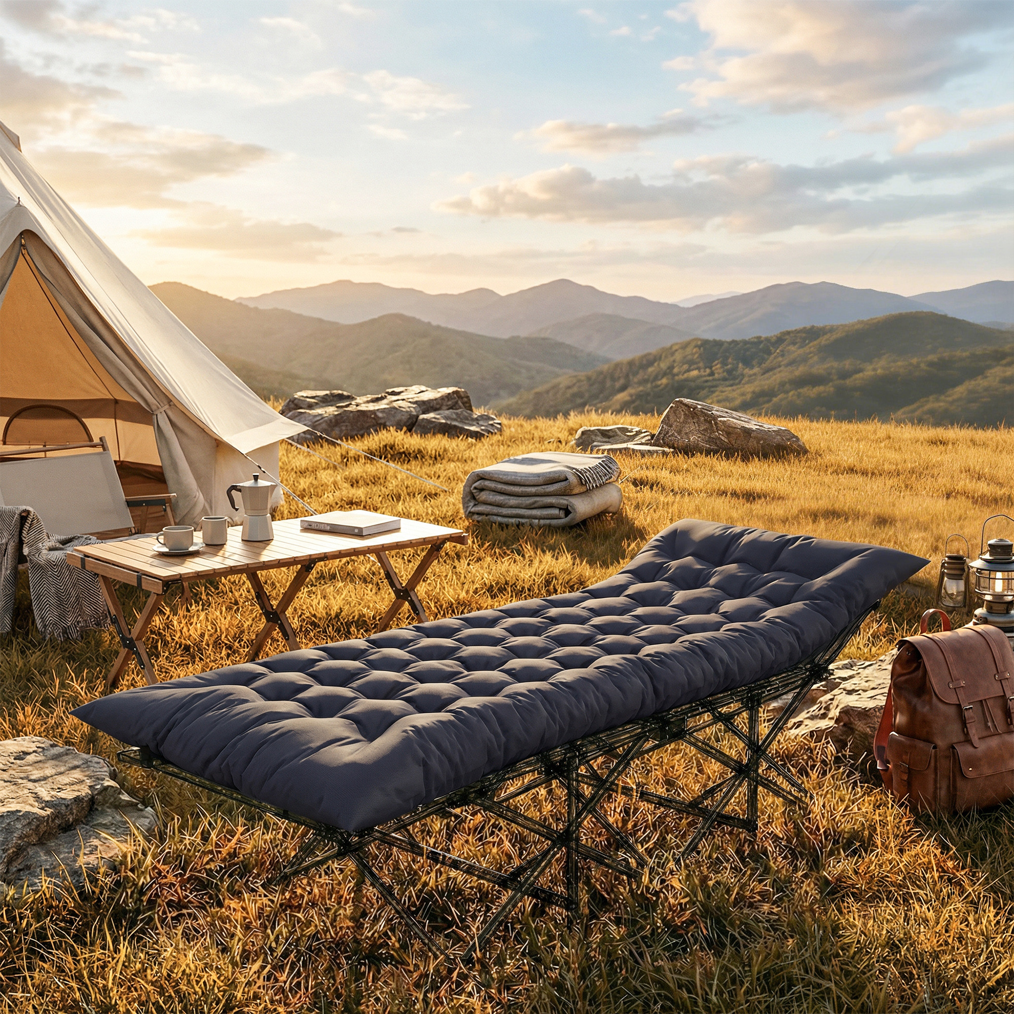 Un camping al atardecer con tienda, catre, mesa y mochila.