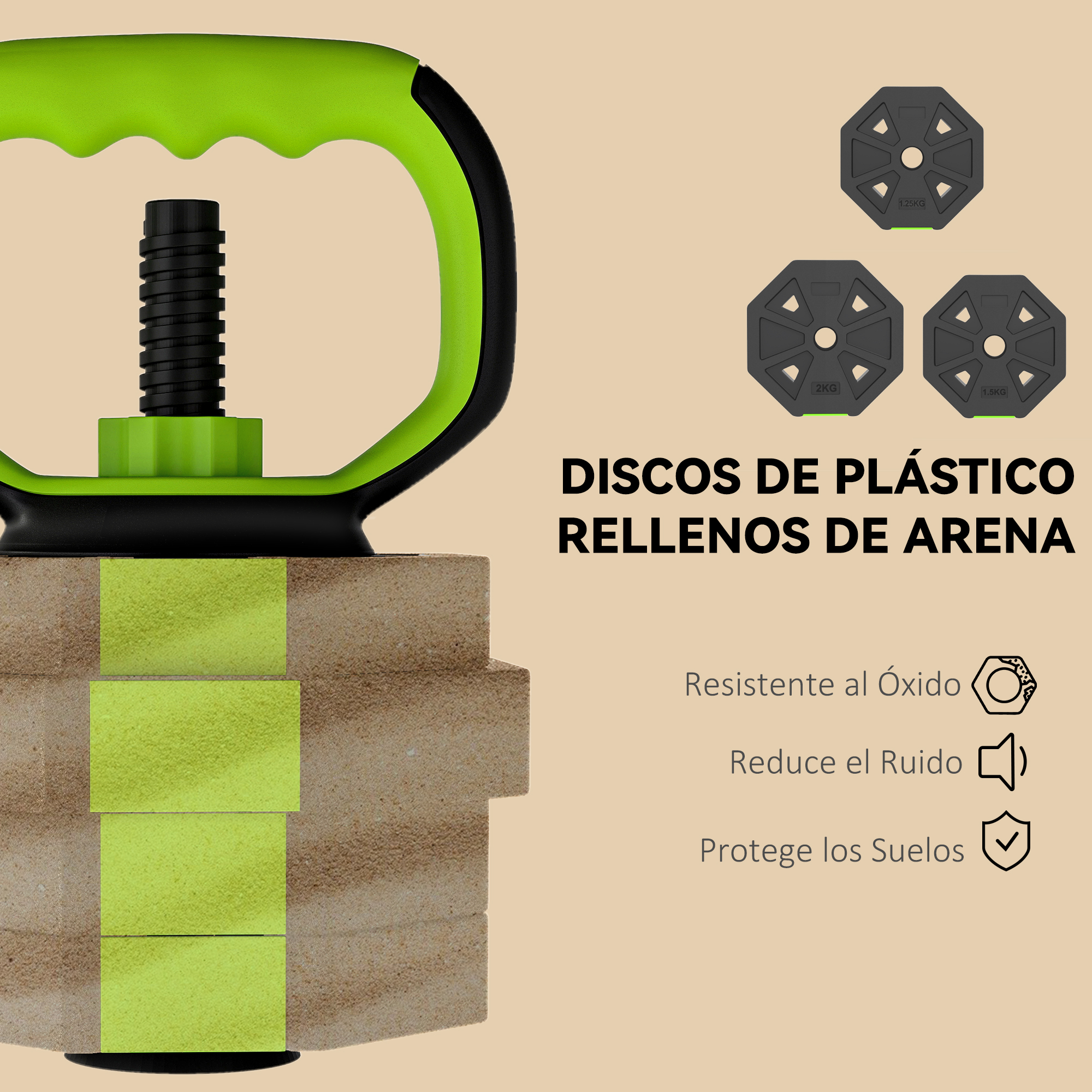 Mango verde y pesas negras sobre fondo beige. Texto sobre beneficios.