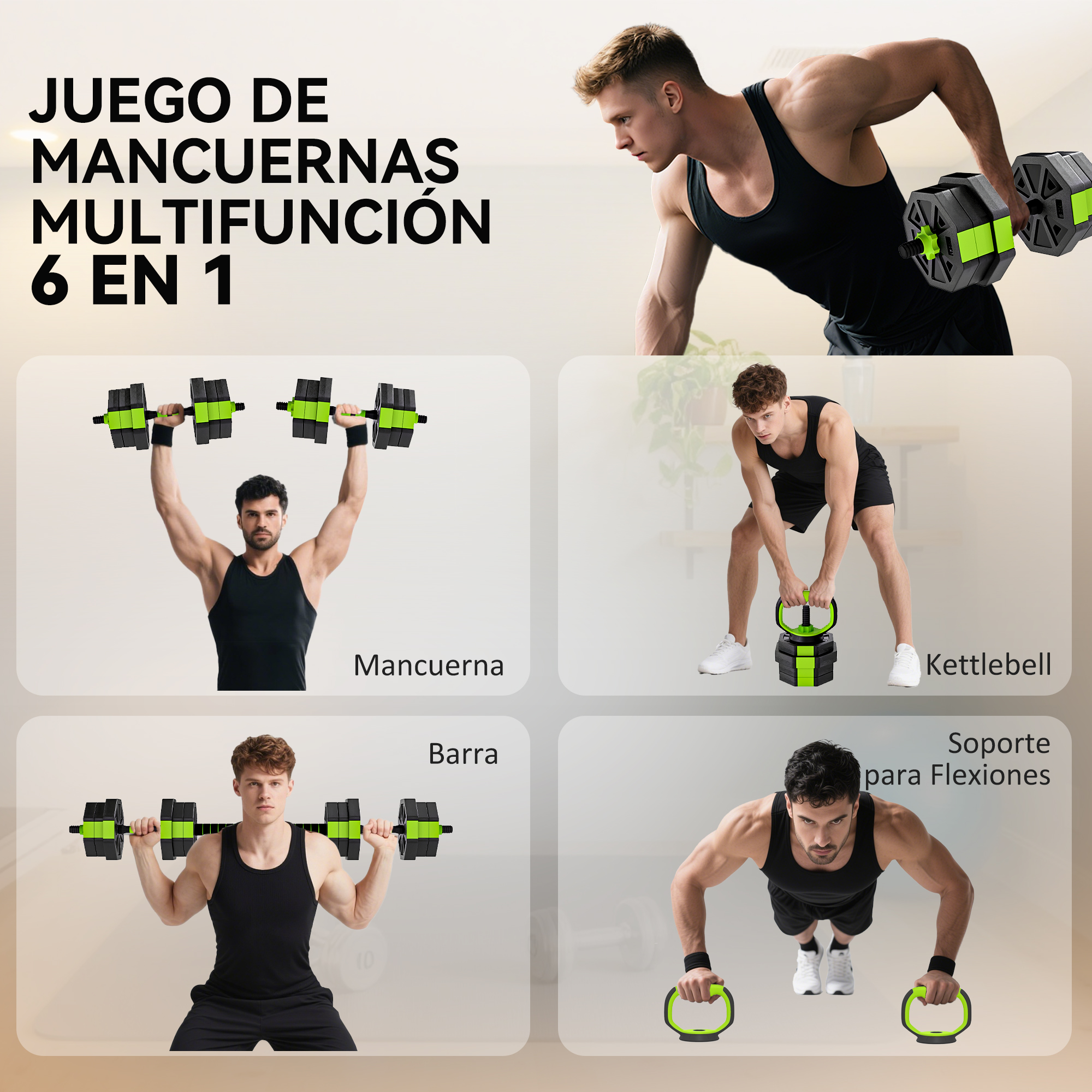 Hombres demuestran ejercicios de mancuernas, kettlebell y barra con pesas ajustables.