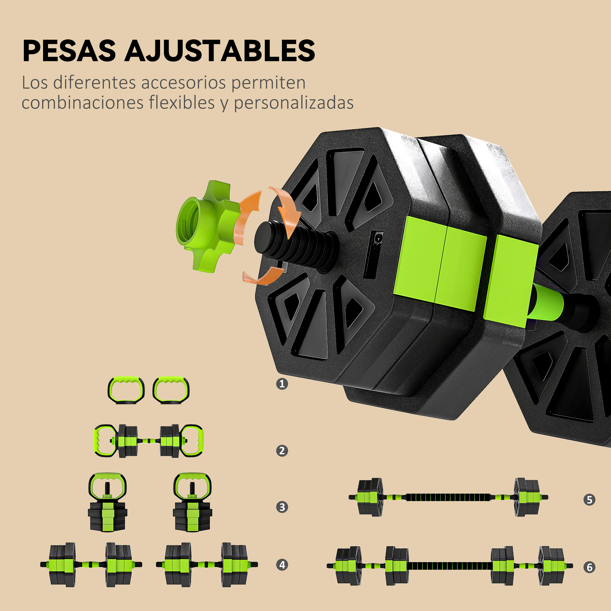 Mancuernas ajustables con accesorios para diversas combinaciones.