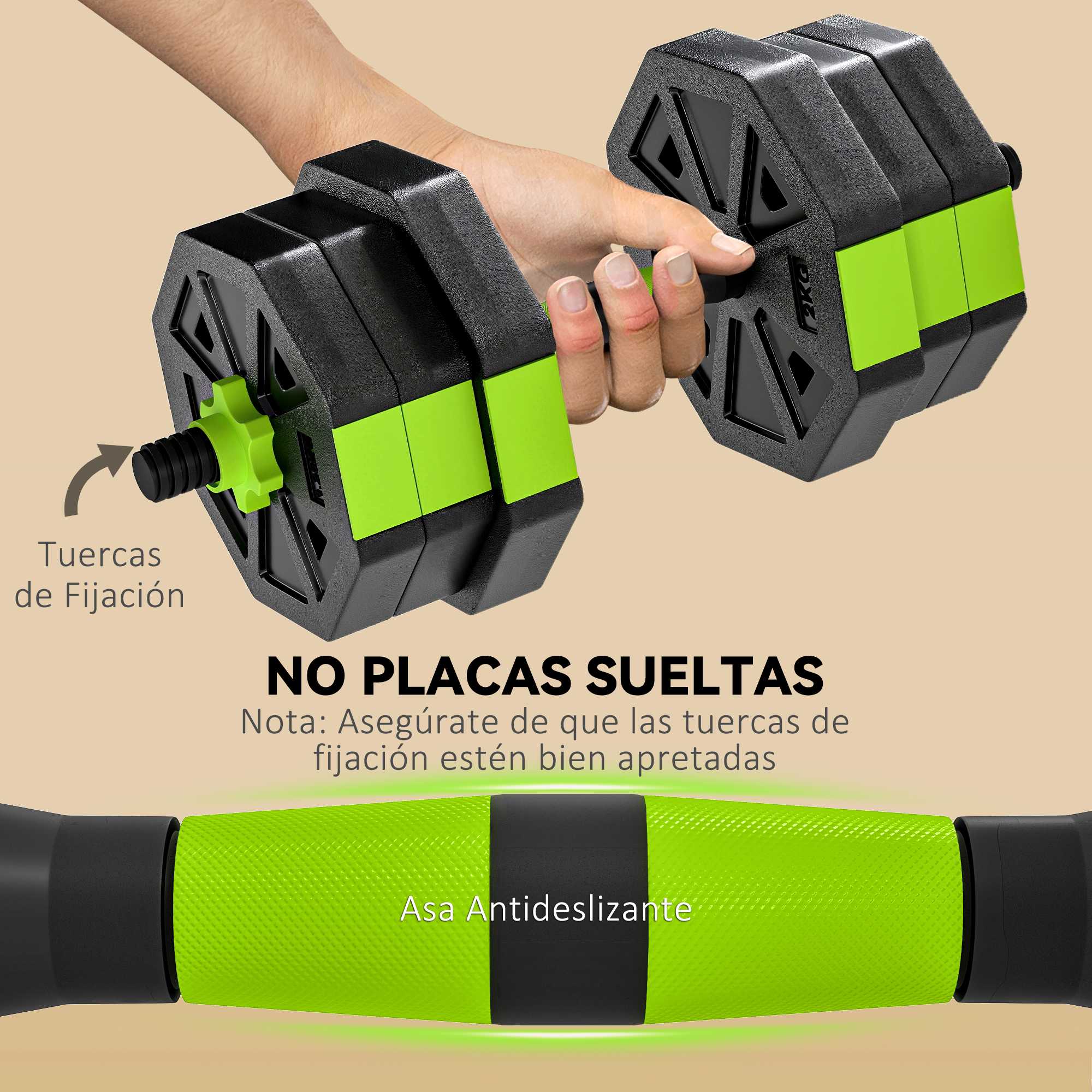 Mano sujetando una pesa con discos negros y verdes. Agarre seguro.