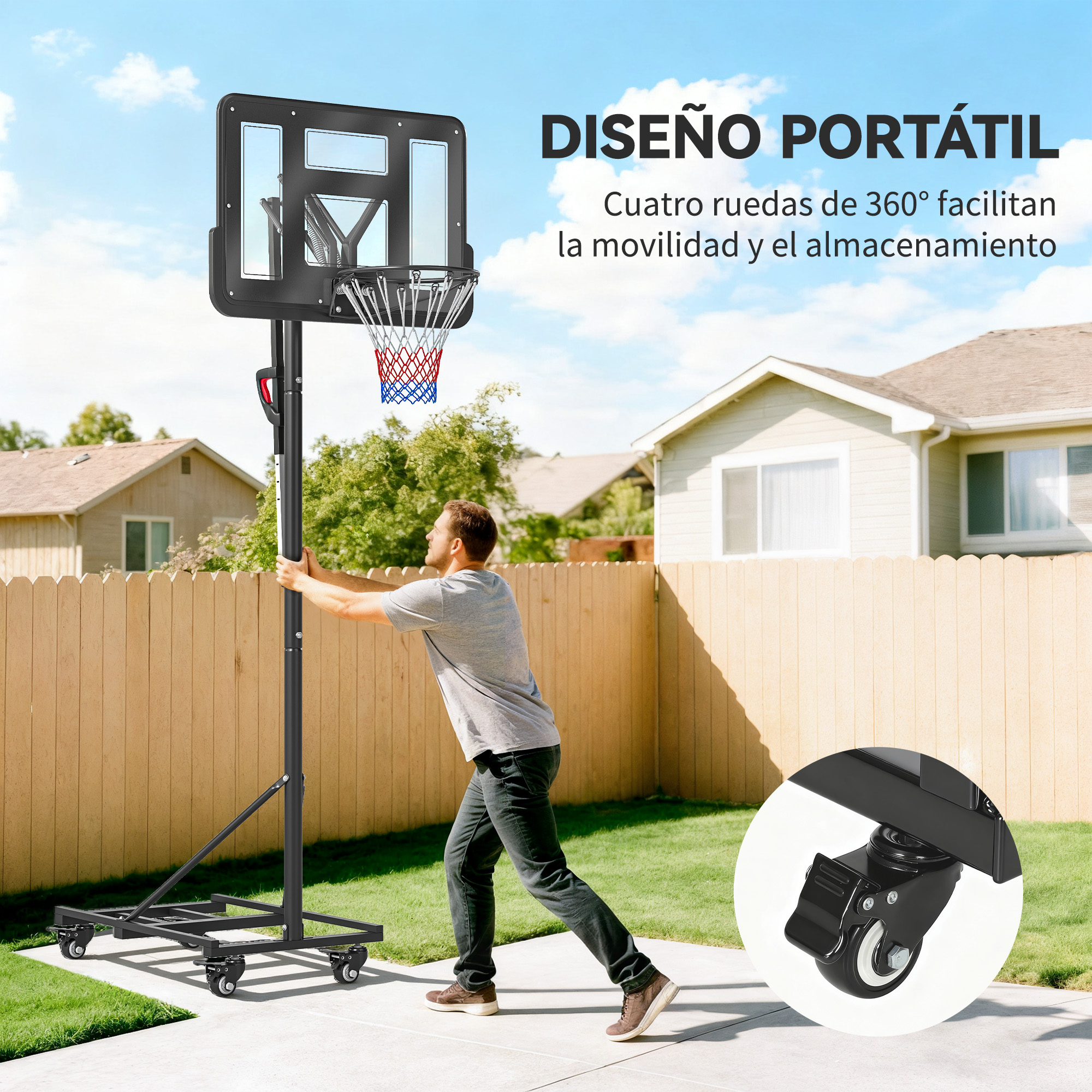 Un hombre empuja un aro de baloncesto portátil con ruedas en un patio.