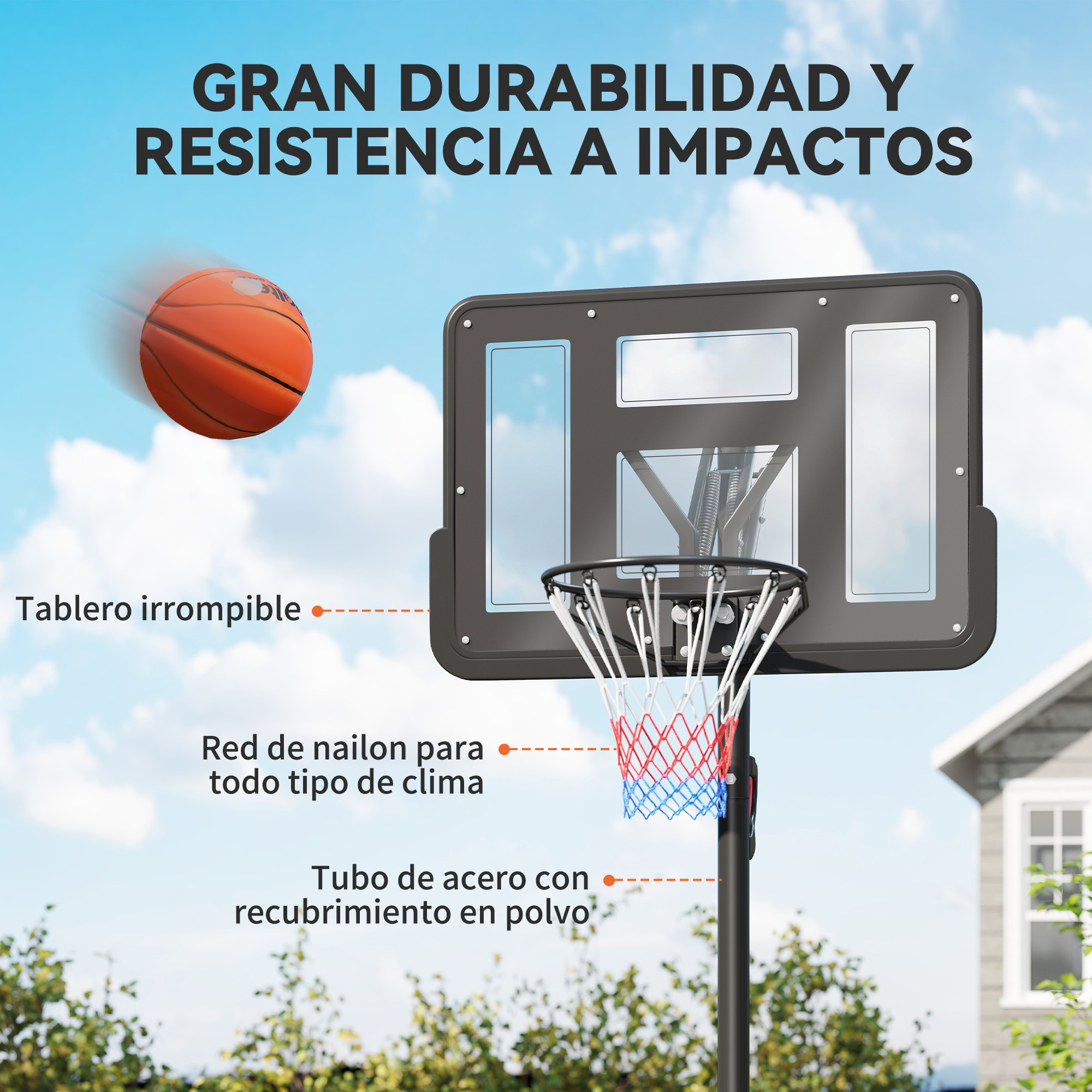 Un balón de baloncesto se dirige hacia una canasta montada en una casa. El cielo está azul.