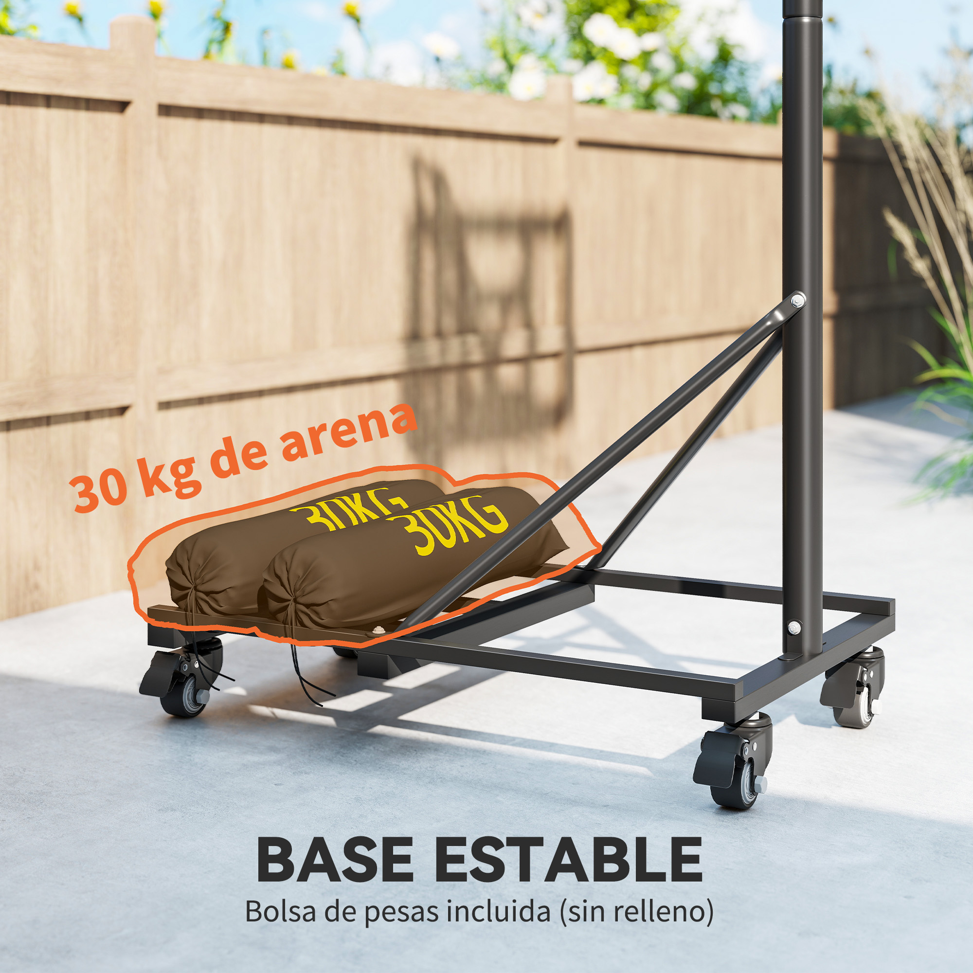 Dos sacos de arena marrones de 30 kg descansan sobre una base negra con ruedas.