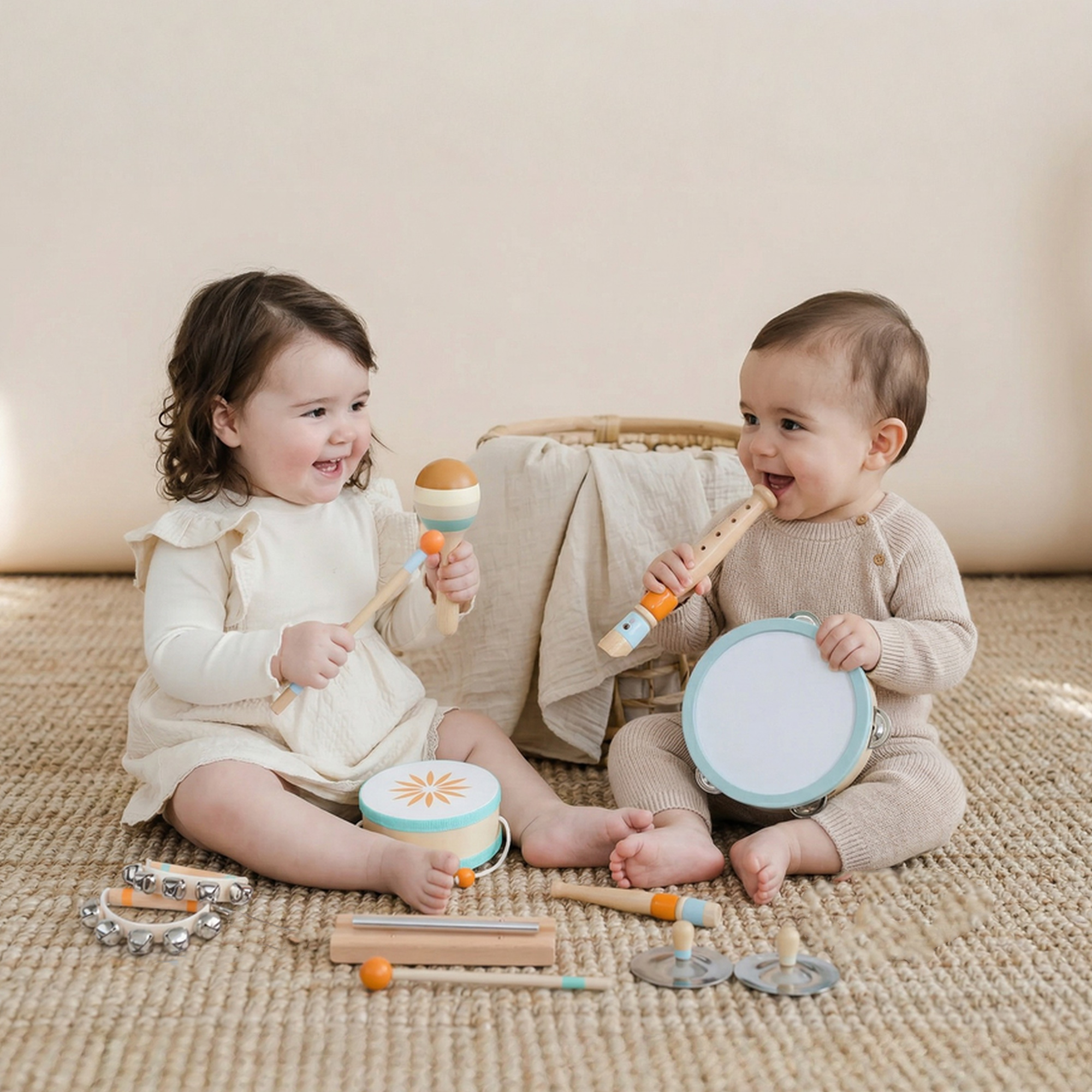 Dos bebés juegan con instrumentos musicales de madera en una alfombra.