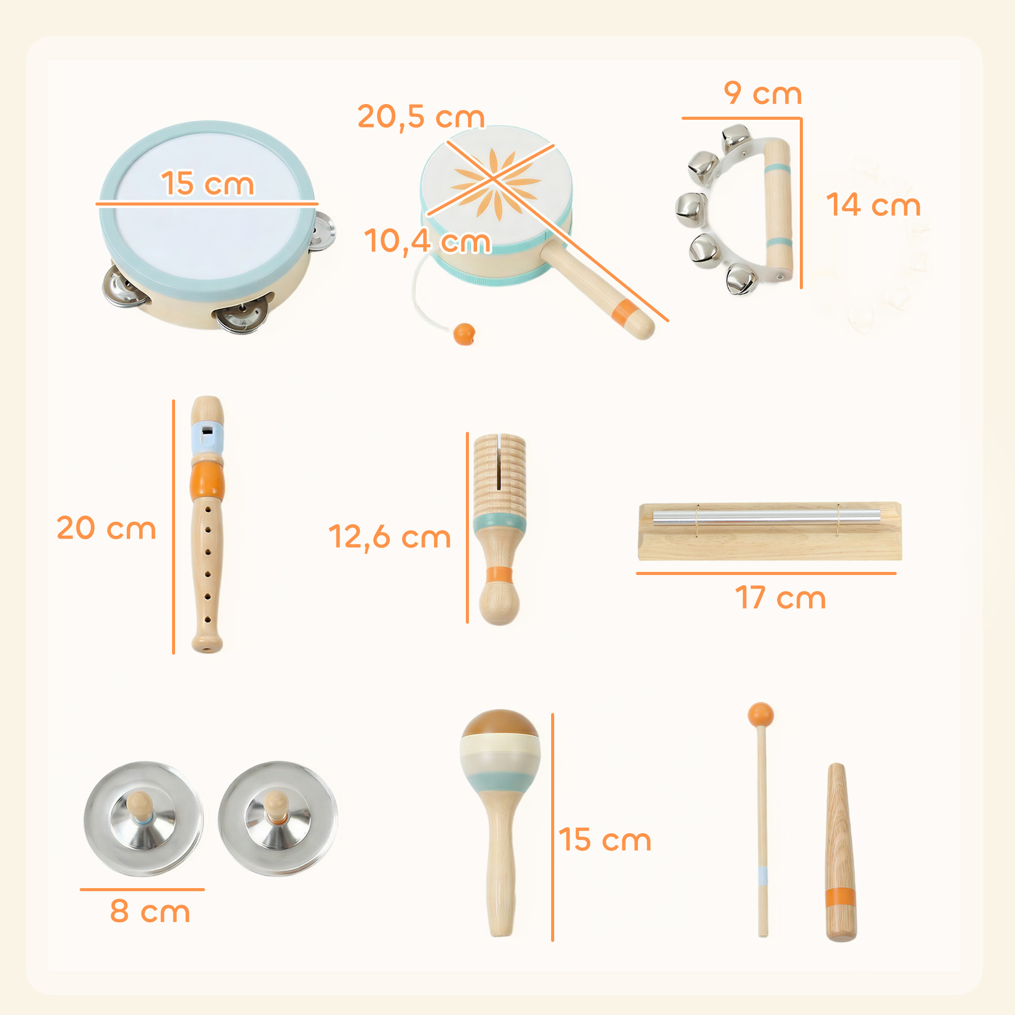 Colección de instrumentos musicales de madera y metal para niños.