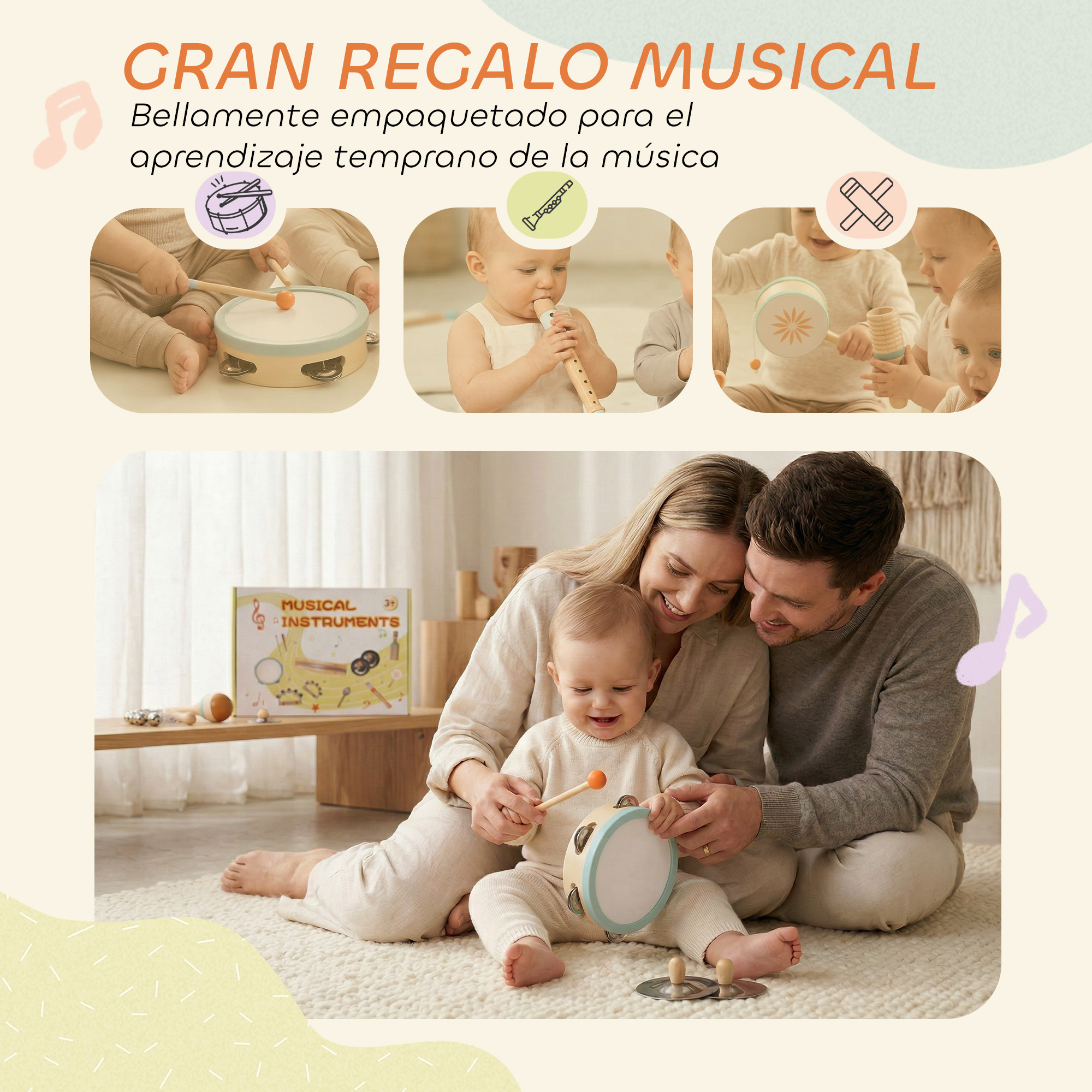 Familia con bebé y juguetes musicales. Arriba: tres bebés con instrumentos.