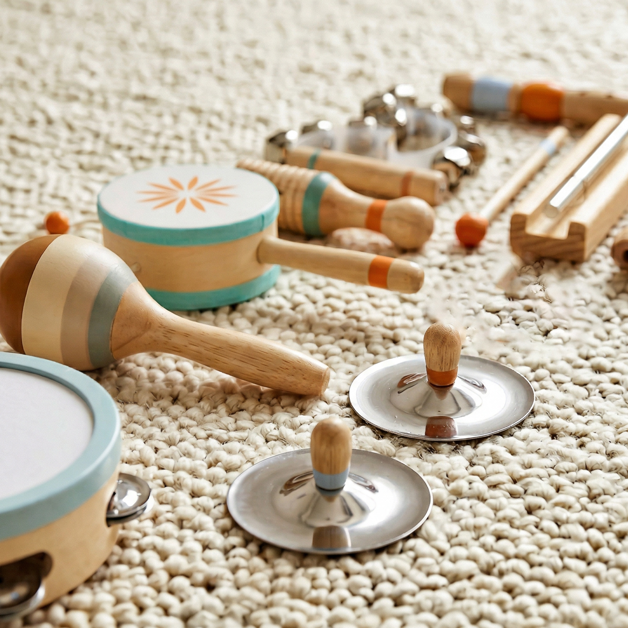Instrumentos musicales de madera como tambor, maracas y xilófono sobre alfombra.