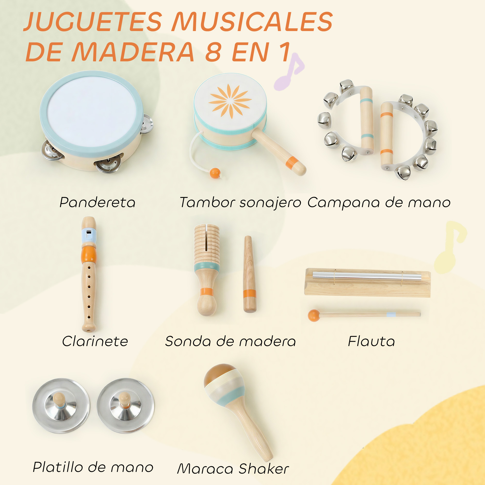 Juguetes musicales de madera: pandereta, tambor, flauta, maracas, platillos.