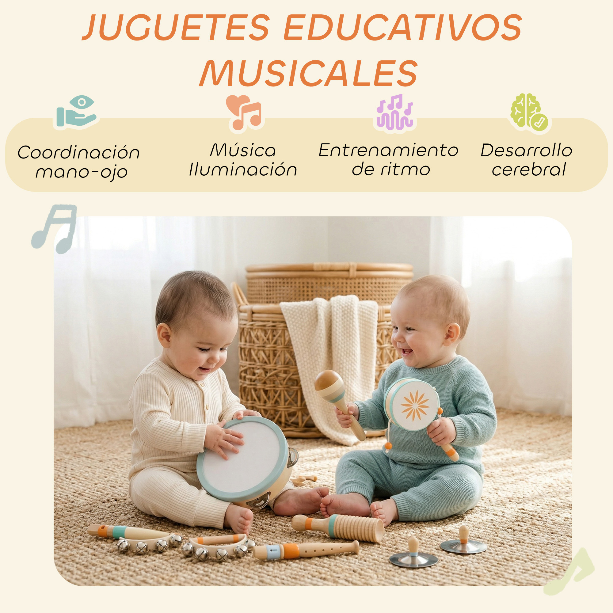 Dos bebés juegan con juguetes musicales, incluyendo tambores y maracas.