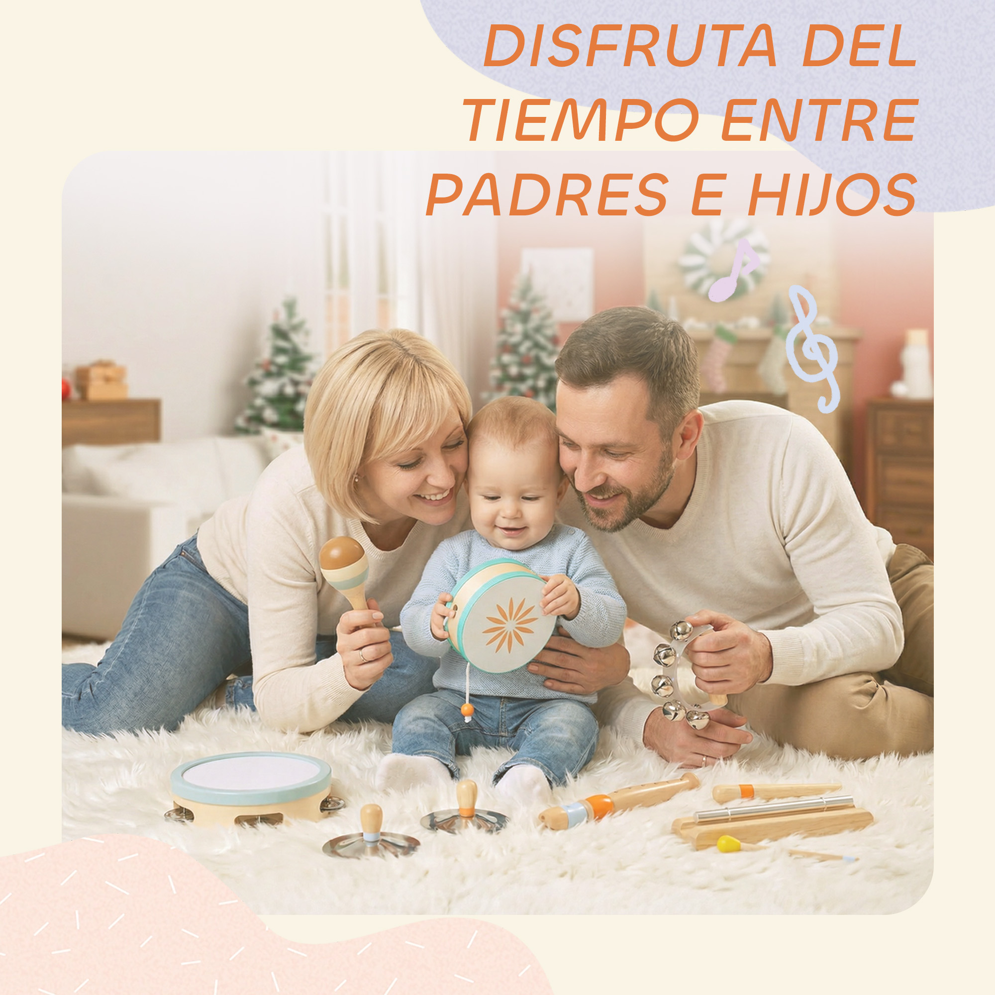 Una familia juega con instrumentos musicales sobre una alfombra.