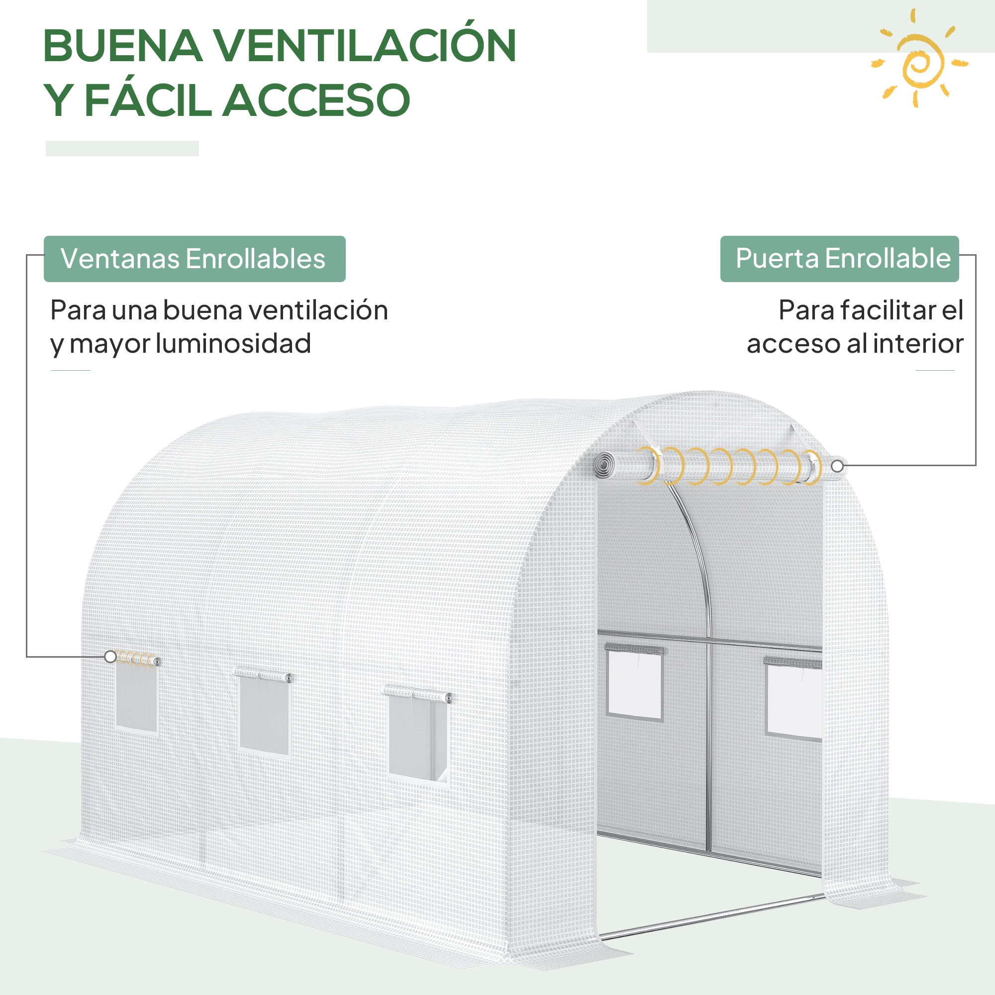 Tienda blanca con ventanas y puerta enrollables. Texto en español.